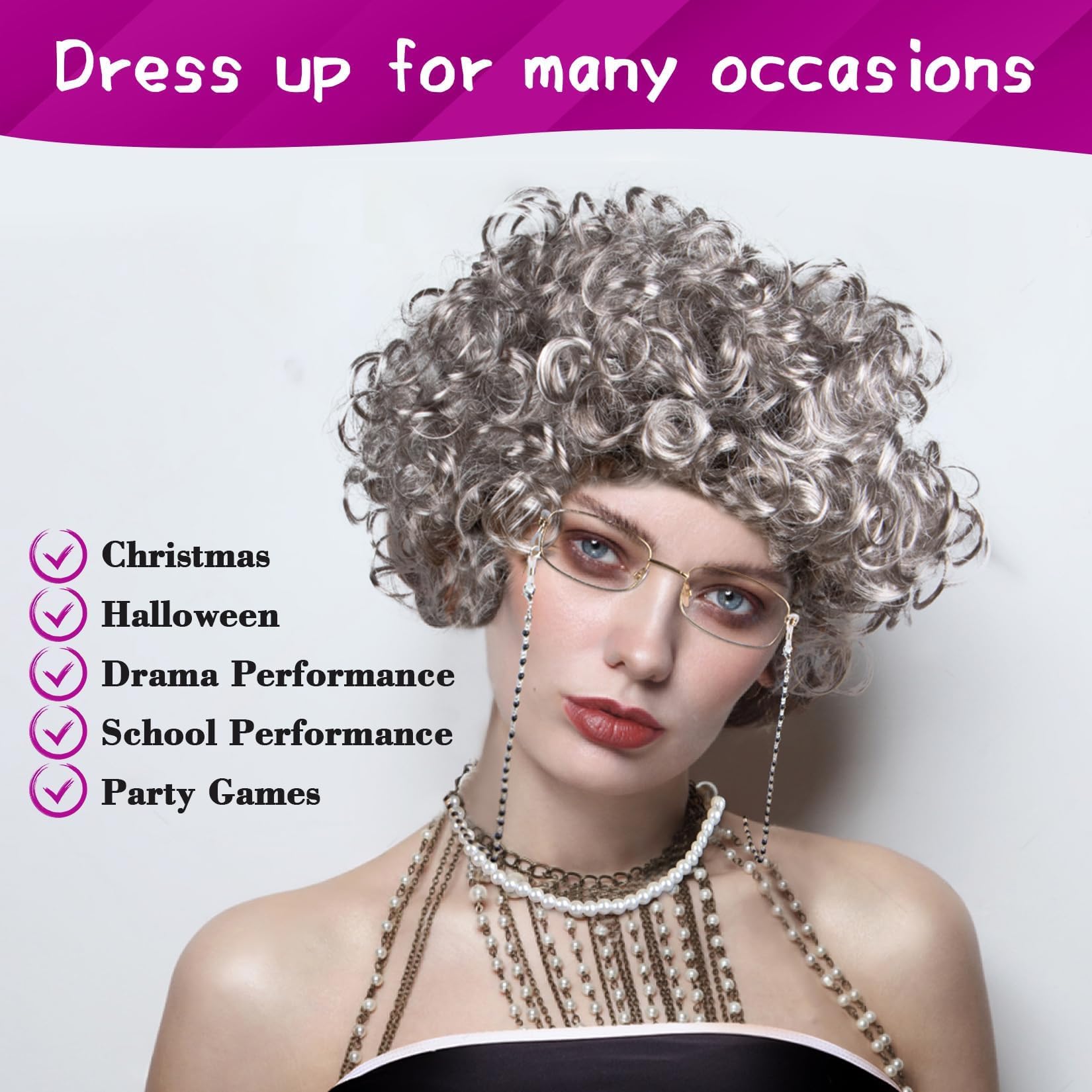 Synthetic Old Lady Wig Set with Glasses and Necklace for Costume Amazon.com : Bettecos Old Lady Wig Costume Set for Women  main image 2