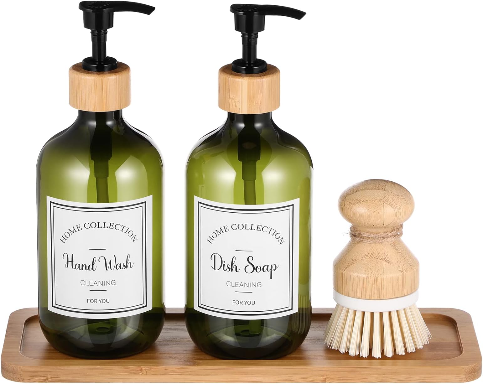 Zopeal 4 Pcs 16 oz Kitchen Soap Dispenser Set with Bamboo Tray and Dish Brush Plastic Soap Dispenser Set with Waterproof Labels for Hand Dish Lotion(Green)