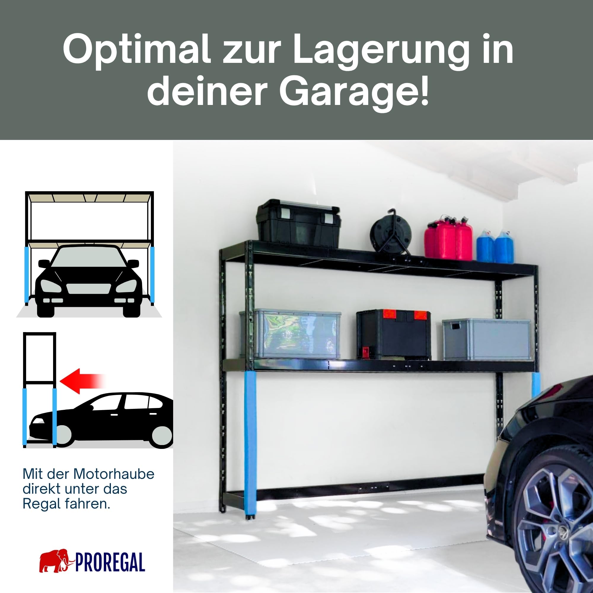 PROREGAL Garagenregal Hercules platzsparend unterfahrbar HxBxT 180x240x50cm 2 Lagerebenen Fachlast 300kg Schwarz Schwerlastregal Lagerregal