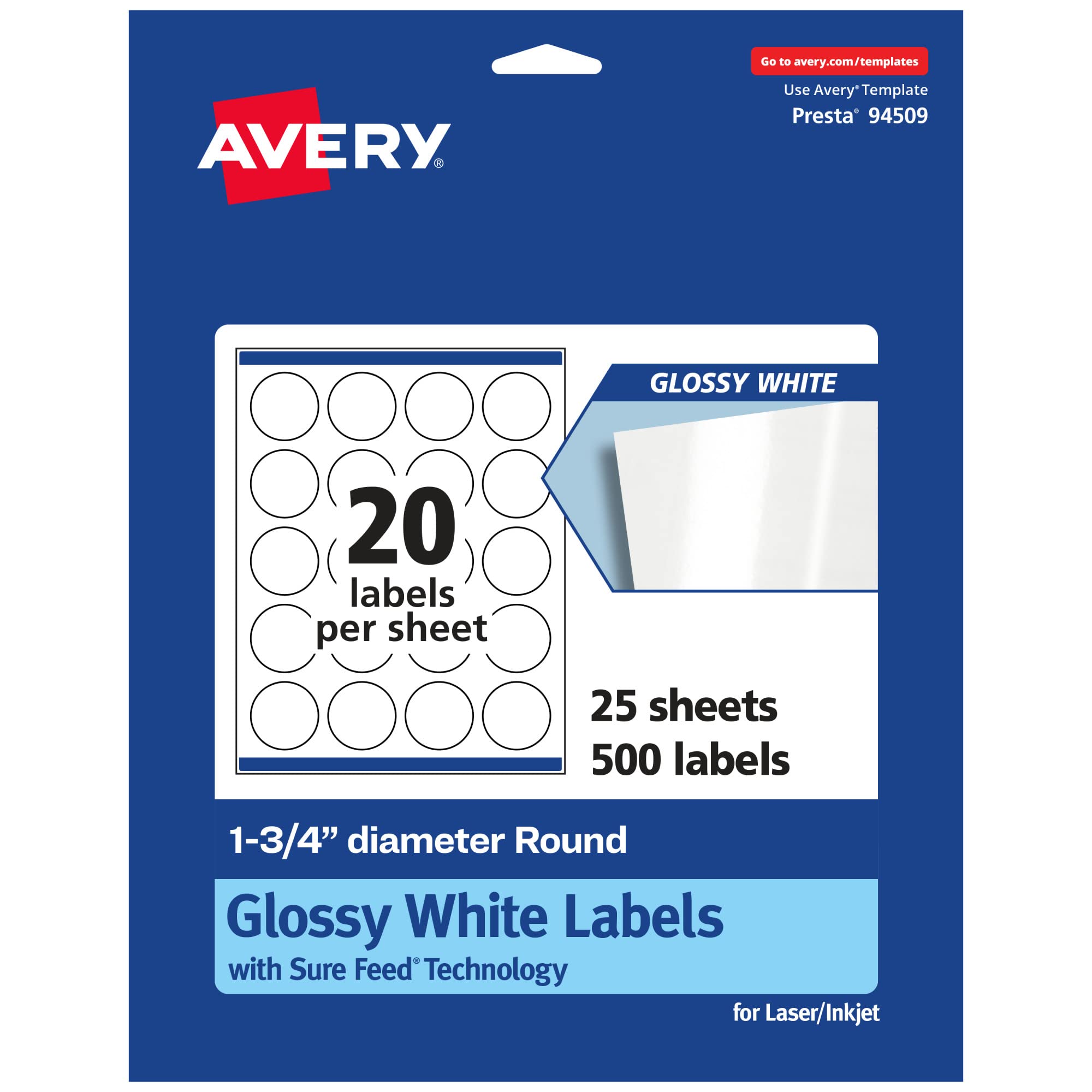 Avery Glossy White Round Labels, Sure Feed Technology, 1.75" Diameter, 500 Glossy White Labels, Print-to-The-Edge, Permanent Adhesive, Laser/Inkjet