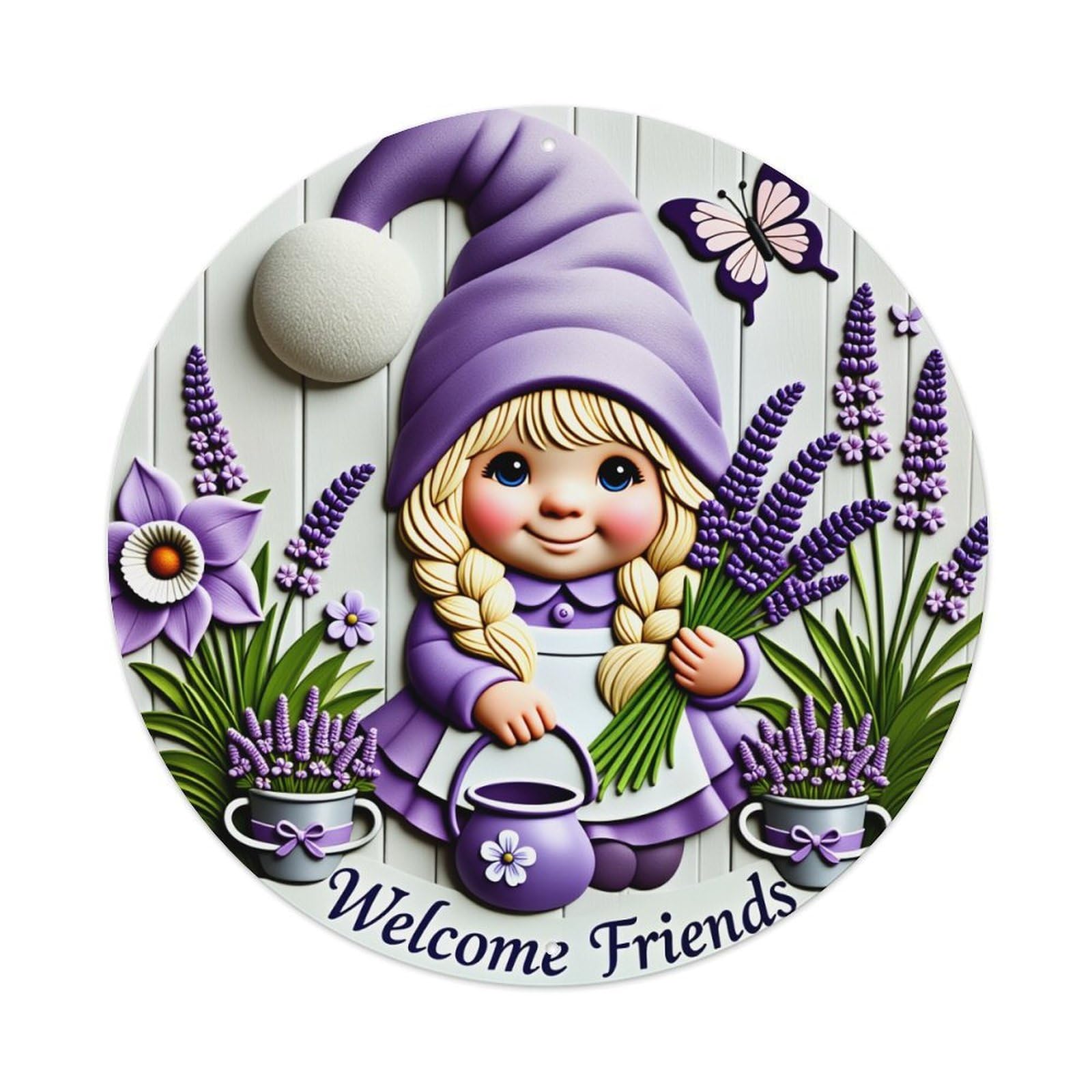 Garden Gnome Lavender Flowers Welcome Metal Tin Sign Vintage Garden Bedroom Cafe Bar Man Cave Home Wall Decor Metal Poster 8x8 inches
