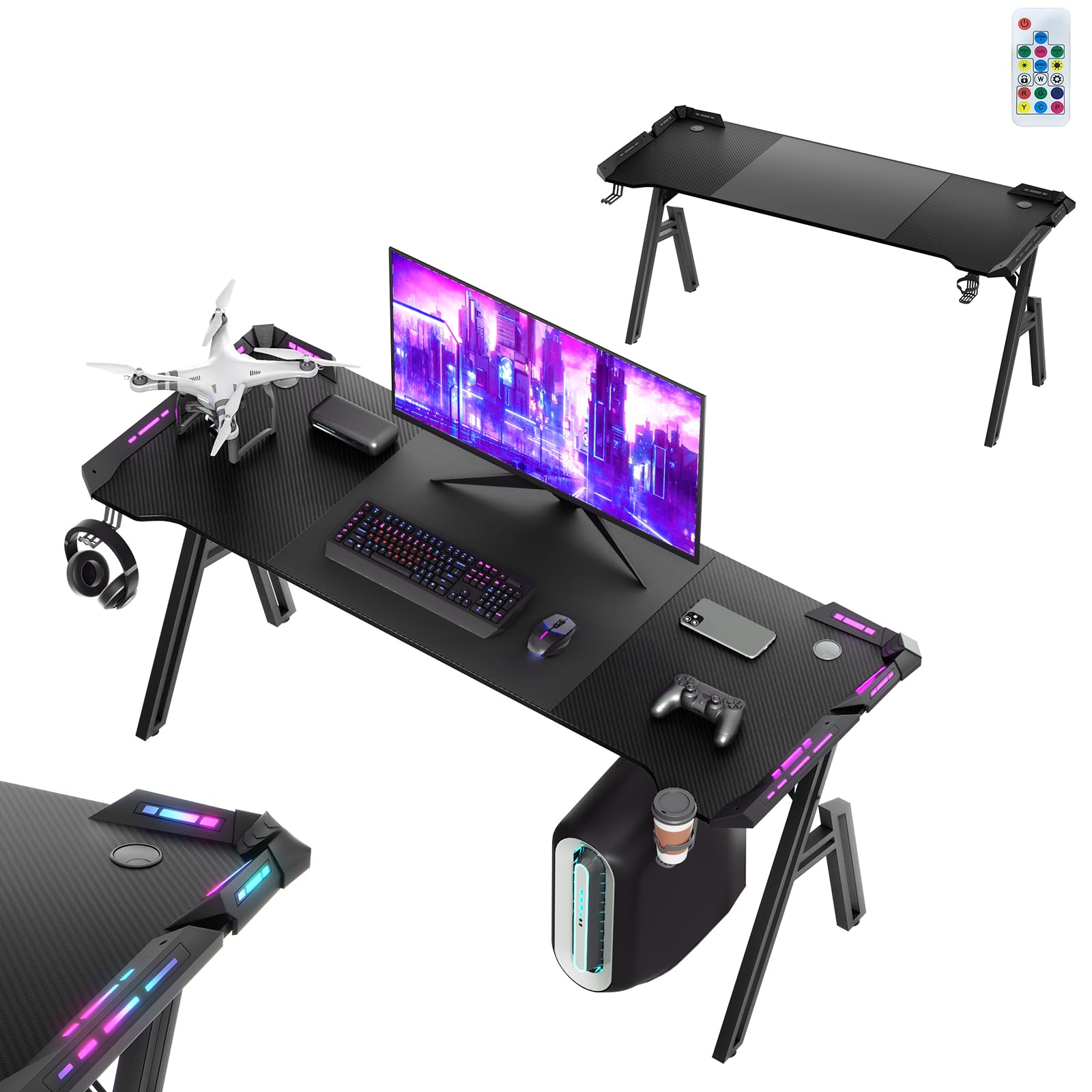 Bureau Gaming de Jeu Bureau LED RGB 120 x 60 x 75cm, Table de Gaming Noir - Maison