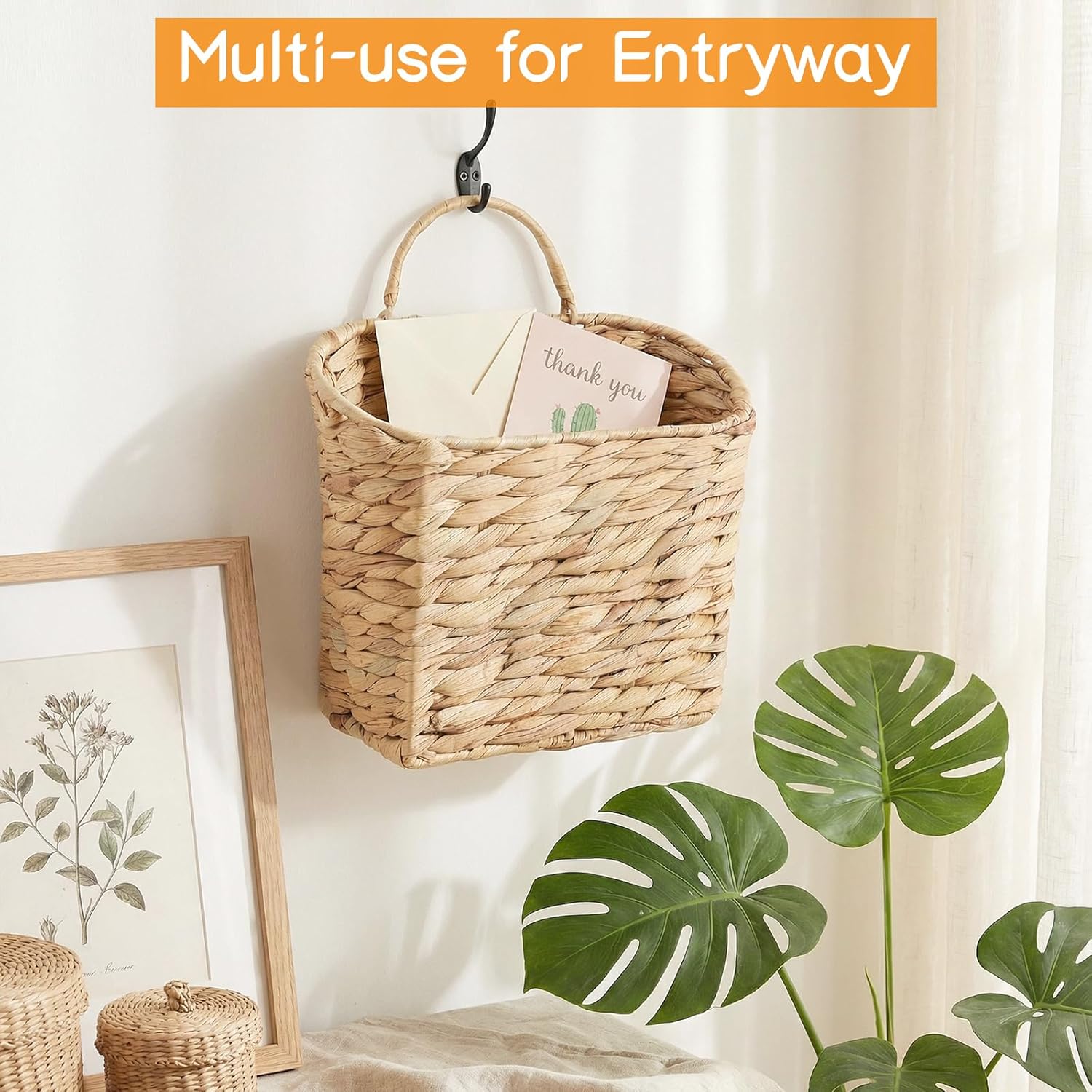 Set of 2 Hanging Baskets, Wicker Hanging Baskets Natural Water Hyacinth, Woven Baskets for Organization and Decoration, Hanging Storage Baskets for Farmhouse, Doors, Entrances, Flowers, Mail, Plants