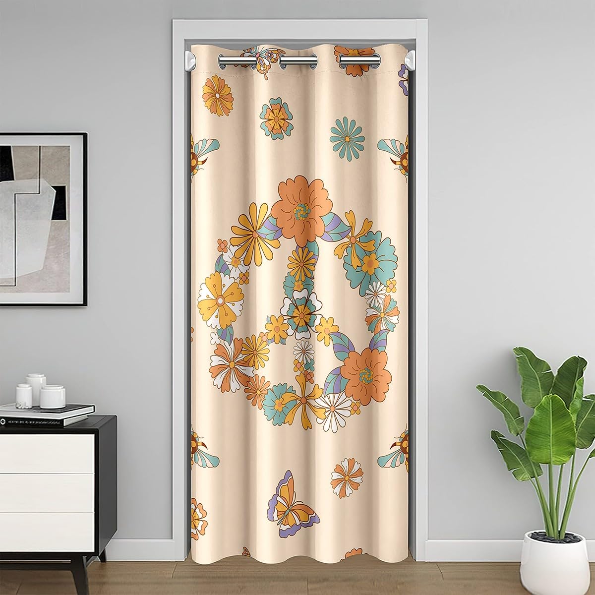 Homemissing Hippie Peace Art 30%-50% Room Blackout Curtain Retro Flower Door Curtain for Privacy Butterfly Bee Peace Sign Artwork 60S 70S Groovy Floral Divider Curtain 86x203cm Green Window Treatment