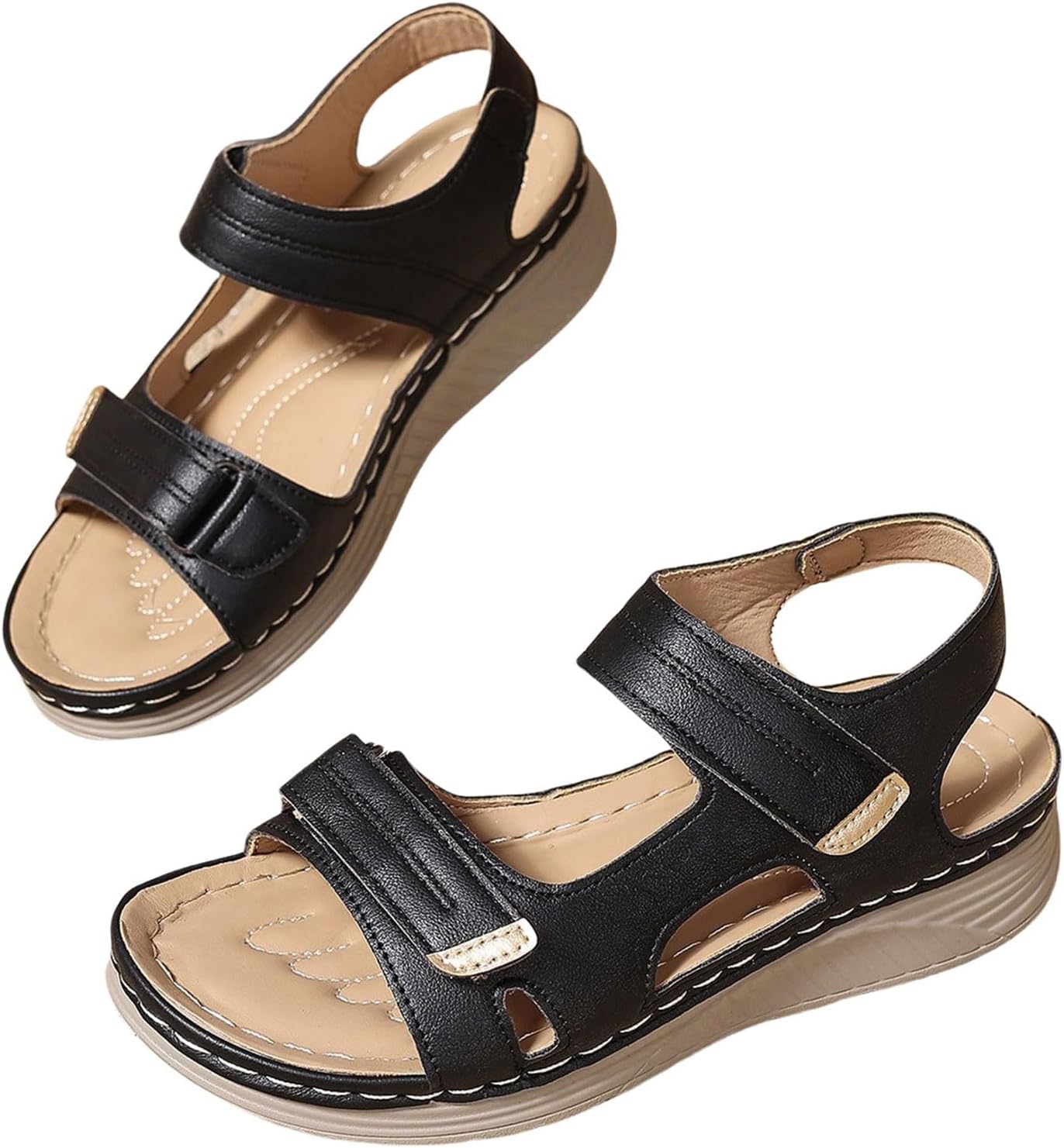 Women Arch Support Walking Sandals Comfortable Open Toe Wide Width Orthopedic Sandals with Adjustable Hook Loop Strap Summer Dressy Non-Slip Slingback Flat Sandal Lightweight Breathable Casual Sandal