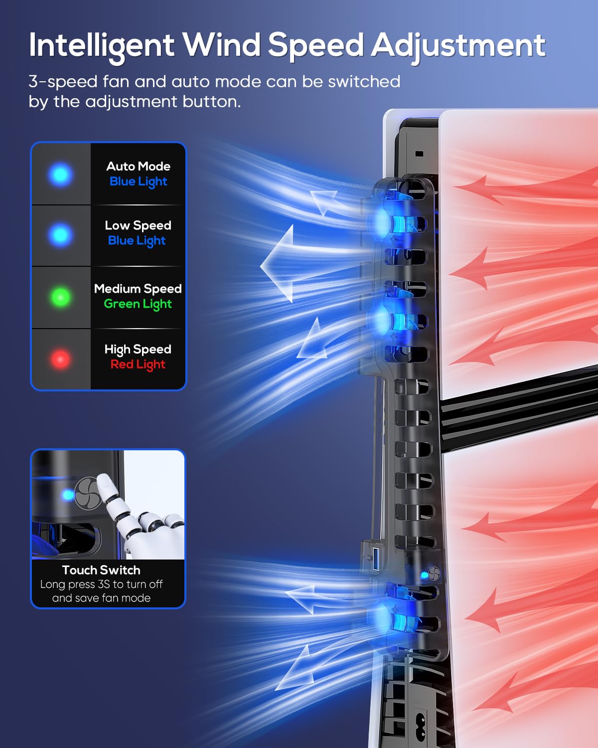 Ventola di raffreddamento automatica per PS5 Pro/PS5 Slim, porta USB 3.0, regolabile a 3 velocità, con luce LED, funzione di memoria, sistema di raffreddamento silenzioso ed efficiente per PS5