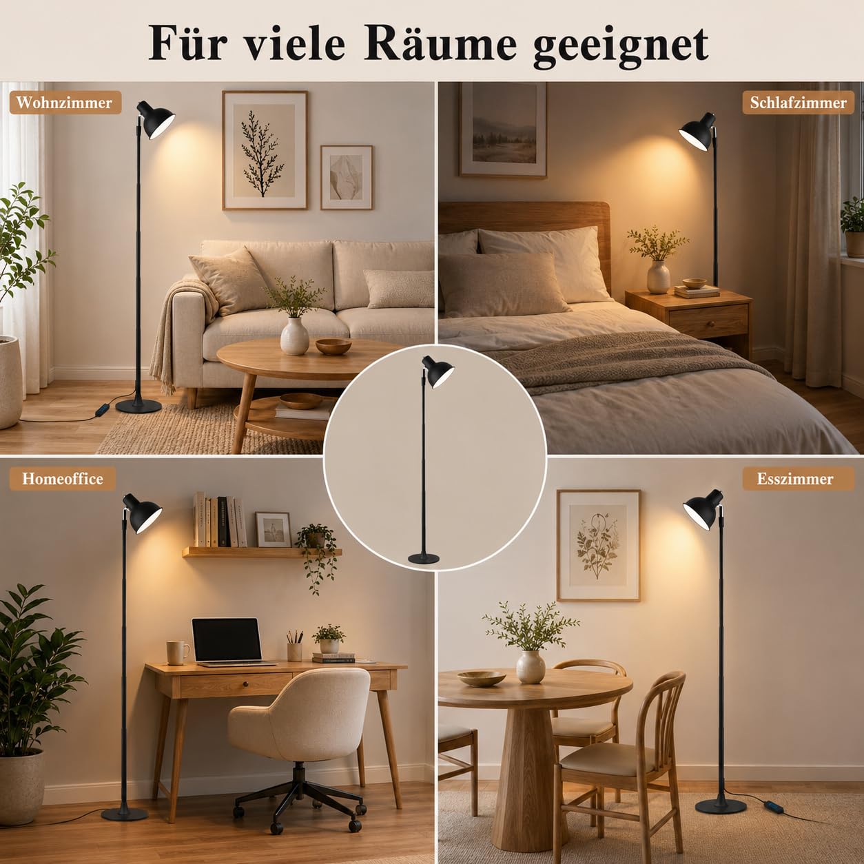 Rosnek LED Stehlampe Höhenverstellbar, Leselampe Dimmbar mit 3 Lichtfarben, 150° Schwenkbar Lampenkopf, 2-in-1 Stehleuchte & Tischleuchte für Wohnzimmer, Homeoffice, Esszimmer, Metall Schwarz