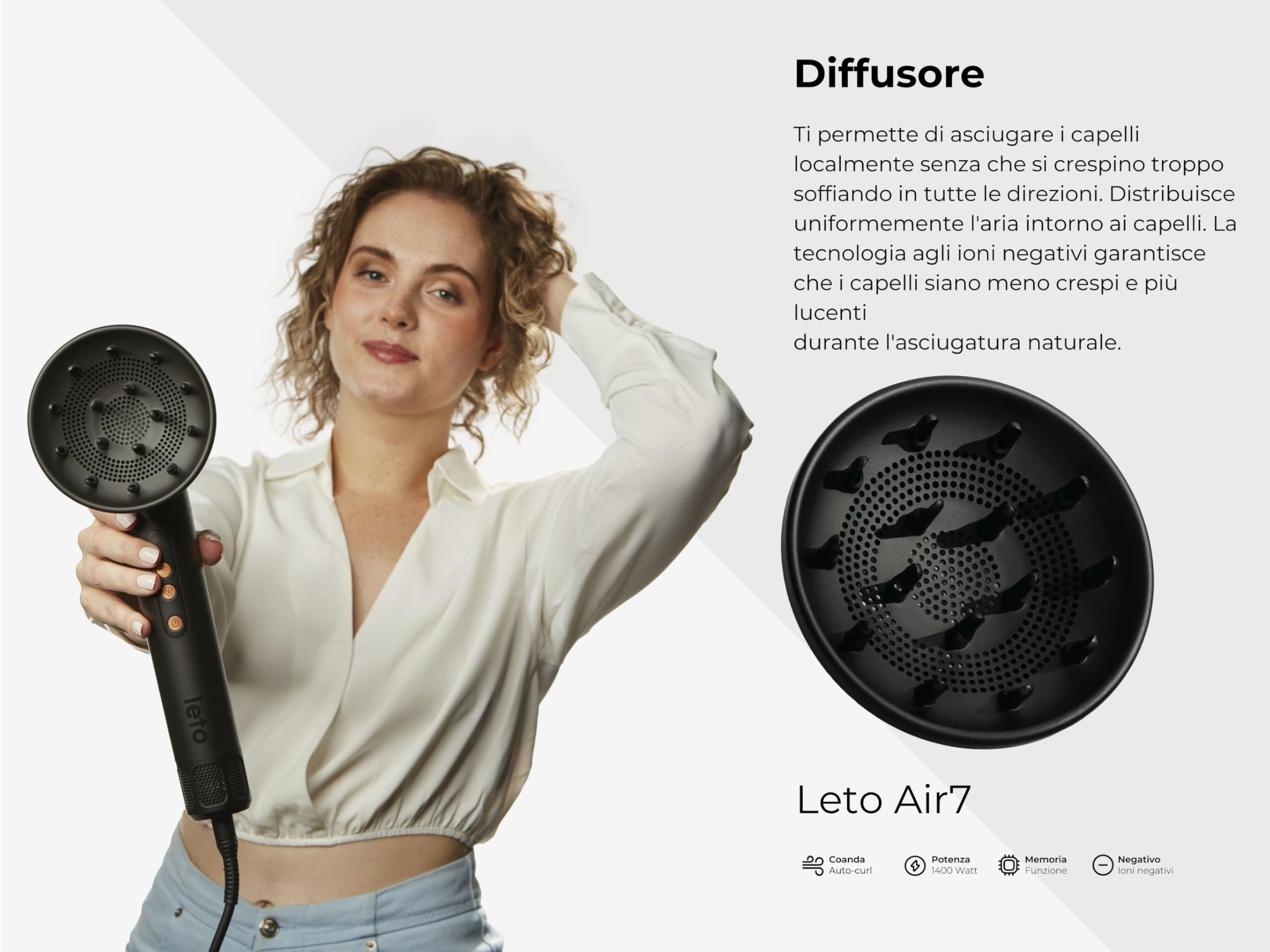 Leto 7in1 Spazzola ad aria calda e asciugacapelli – spazzola rotonda, ferro arricciacapelli, piastra, diffusore, concentratore, Coanda, ioni, 1400W
