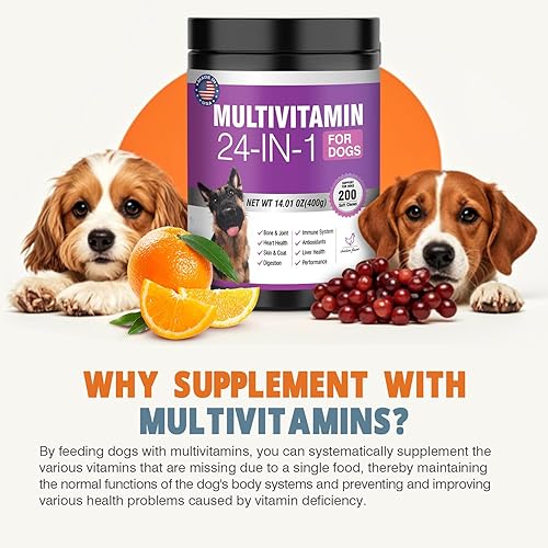 Miniatura 4 de Vitaminas y suplementos 24 en 1 para perros, 200 unidades, multivitamínico masticable, contiene condroitina, probióticos, Omega-3, glucosamina para