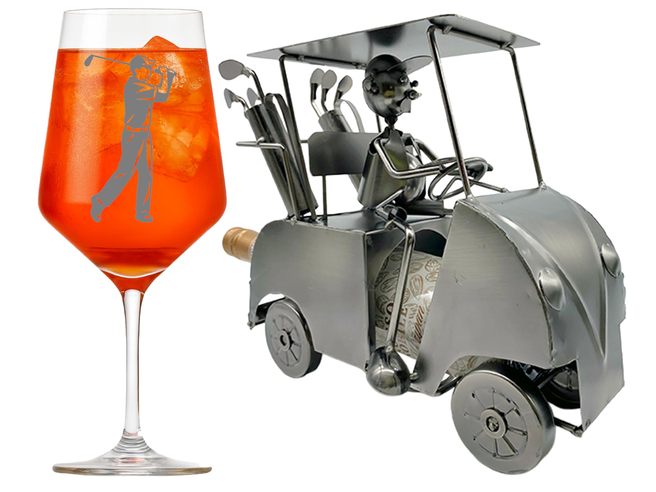 eXODA Weinglas mit Gravur Golfer Set mit Weinflaschenhalter Caddy für Golfliebhaber und Weinfreunde ideal für jede Gelegenheit mit zeitlosem Design und Pflegeleichtigkeit