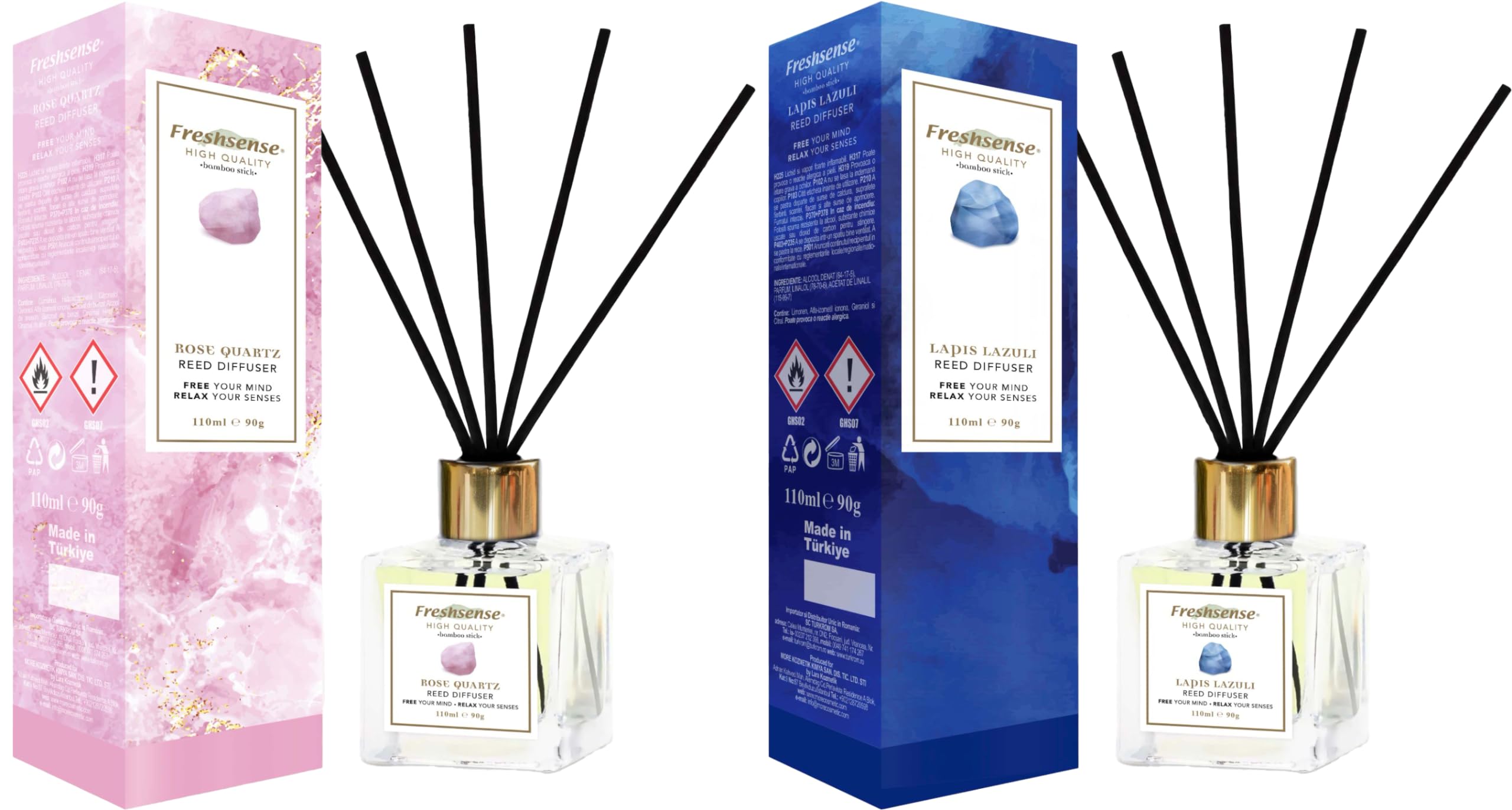 ROSE QUARTZ - LAPIS LAZULI Reed Diffuser (110ml x 2) – Air Freshener | FRESH SENSE | Aromatherapy Essential Oil Diffuser Home, Office, Toilet & Bathroom | Elegant Home Decor | Beauty of Rare Gemstones