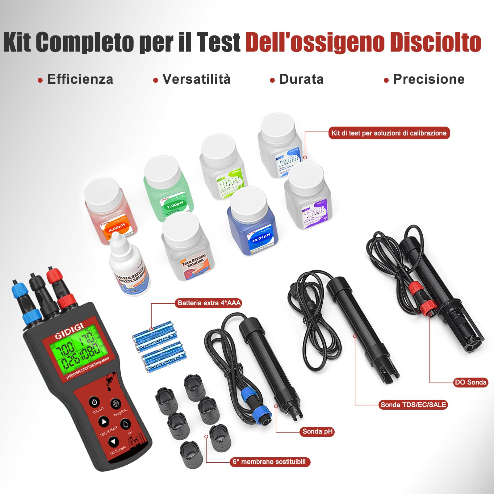 Misuratore di Ossigeno Disciolto 6 in 1 Smart DO pH Salinità TDS EC Temp. con Compensazione Sale per Acquari Dell'acqua Tester di Ossigeno per Laghetti Kit di Test del pH per Acquari