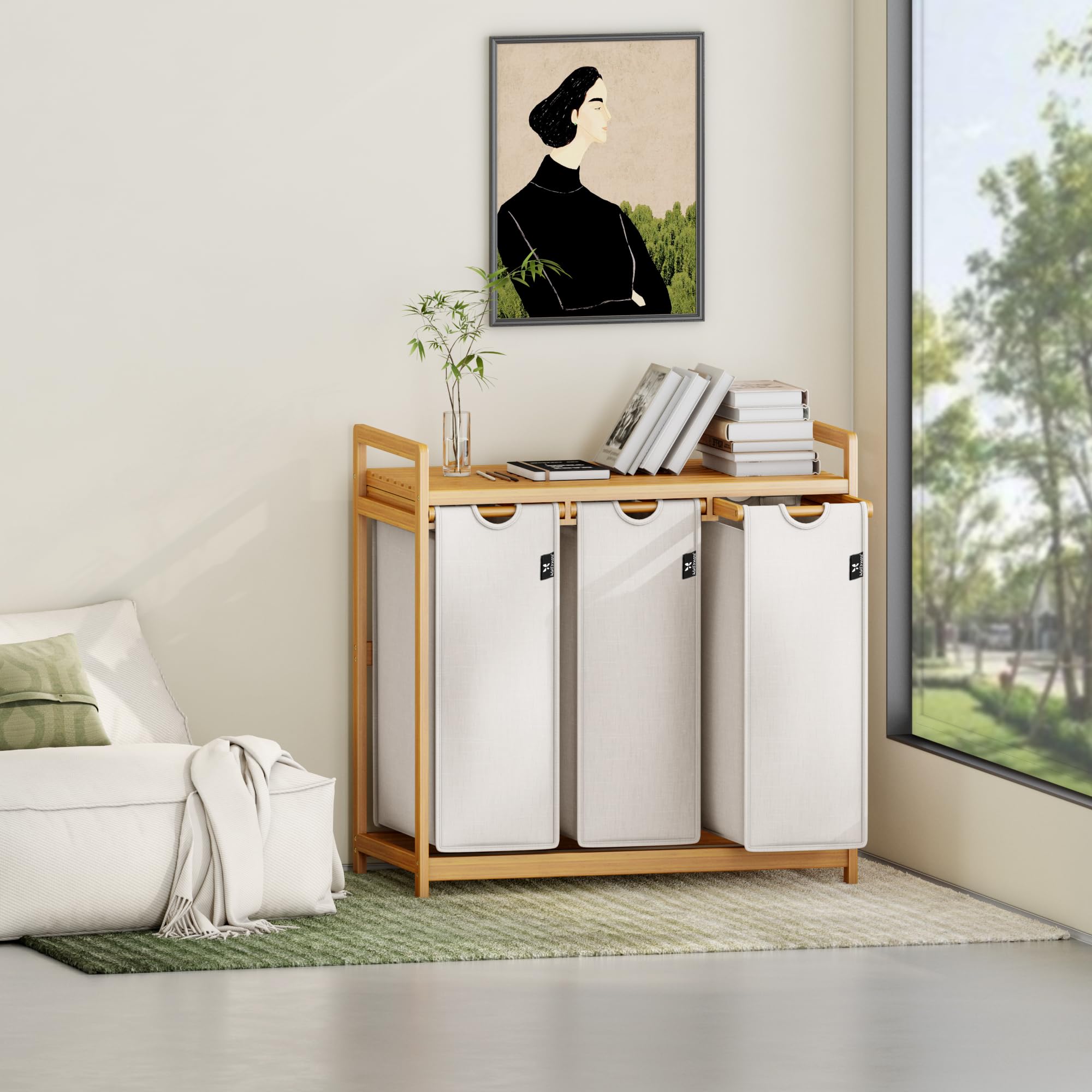 AdelDream Cesto Portabiancheria Cesto per Bucato 150L Organizzatore Lavanderia con 3 Scomparti in Bambù Selezionatore di Bucato Grigio Chiaro