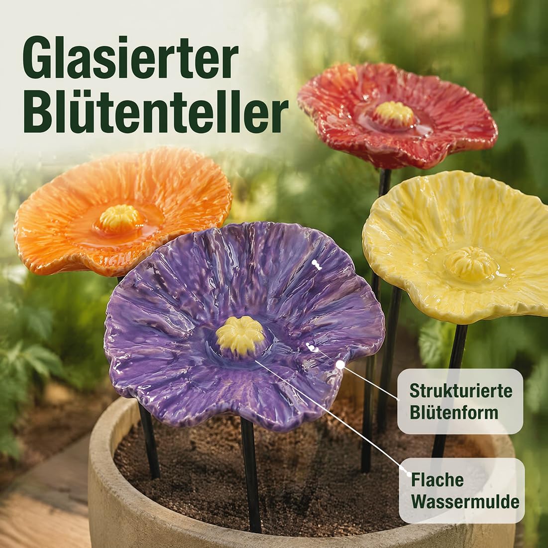 Handgefertigte Bienenblüten Keramik,4er/8er Set Bienentränke für den Garten,Wetterfeste Keramikblumen Gartenstecker für Bienen & Insekten,Farbige Wasserschale für Balkon & Beet,4pcs
