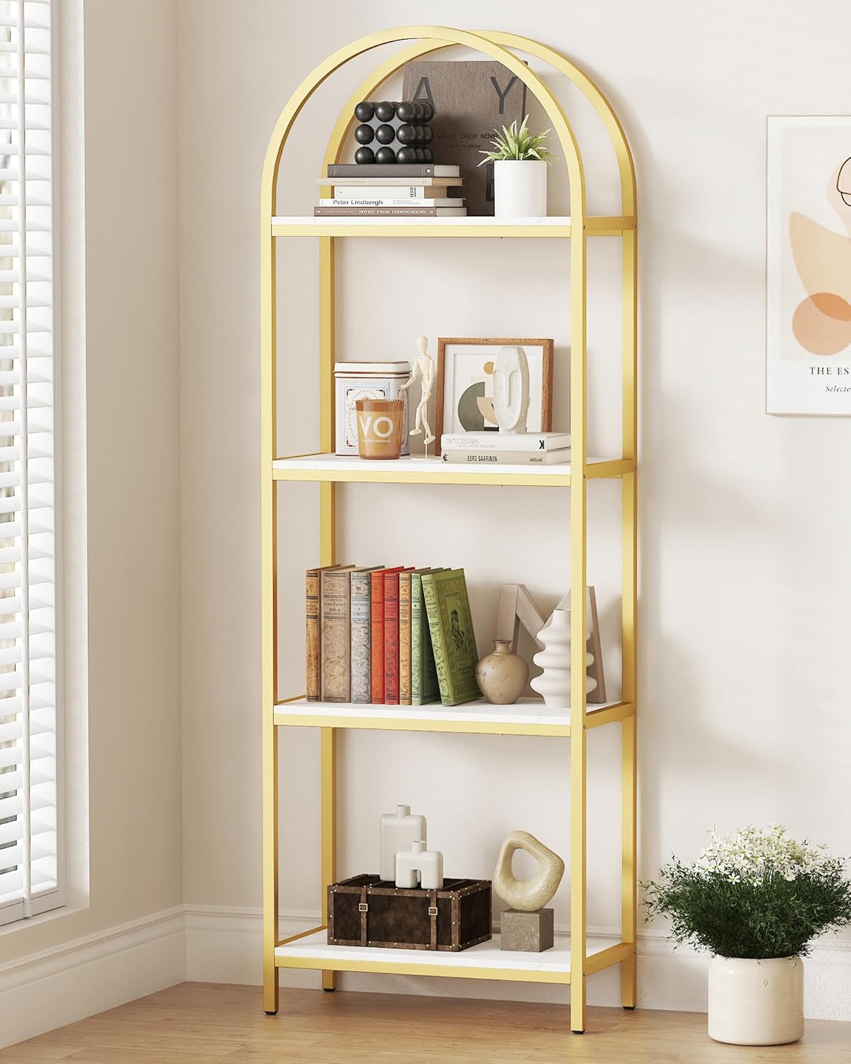 Yusong Bookshelf 4 Tier Arched Bookcase, 71.3" Tall Industrial Open Book Shelves for Living Room, Modern Freestanding Display Shelving Storage Rack Metal Frame, Office, Bedroom,Gold White