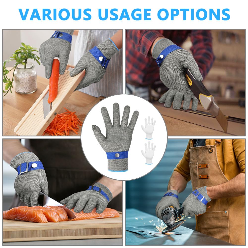 flintronic Guantes Anticorte Nivel 9, Guantes Trabajo Malla Acero, Guante Protección de Seguridad, Guante Carnicero, Viene Con 2 Manos de Nailon, para Descascarar Ostras, Tallar y Cortar Madera (M)
