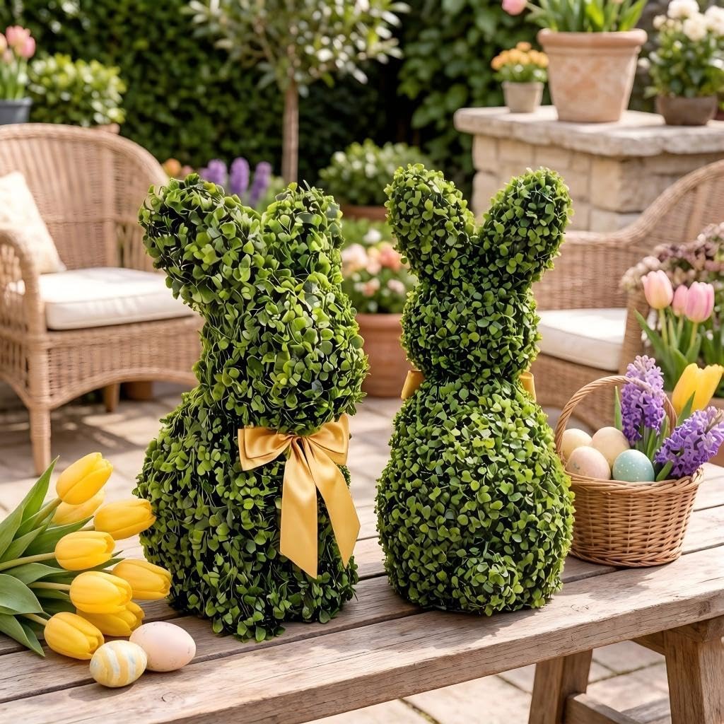 Artificial Bunny Topiary Rabbit Charlie, Easter Bunny Decor Faux Boxwood Bunny Statue for Easter & Garden, Elegant Standing Greenery Animal Figurine, Weather Resistant Decorative Shrub for Patio (2)