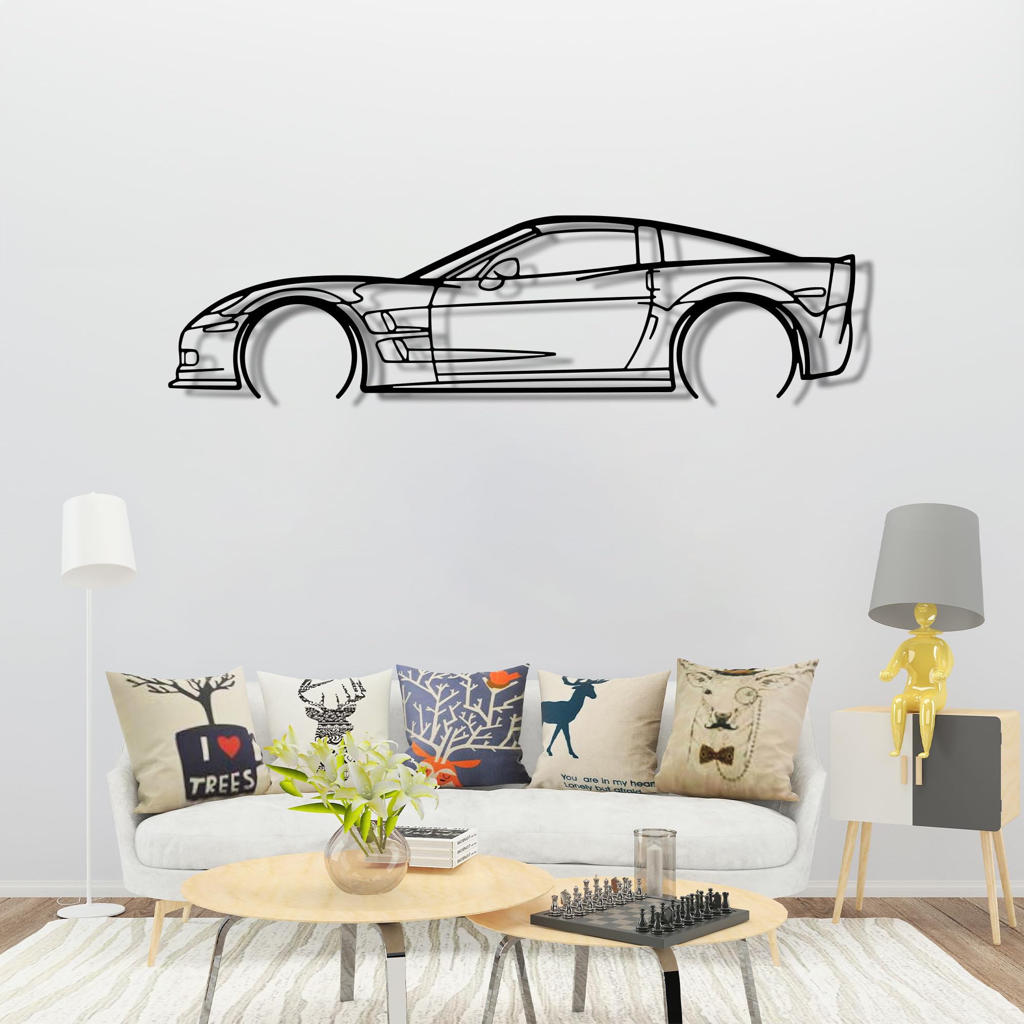 Mabi Automotive Parts Corvette C6 ZR1 - Figura decorativa de metal para pared, diseño de silueta de coche, deportivo, decoración de línea de silueta automotriz, escultura minimalista para garaje