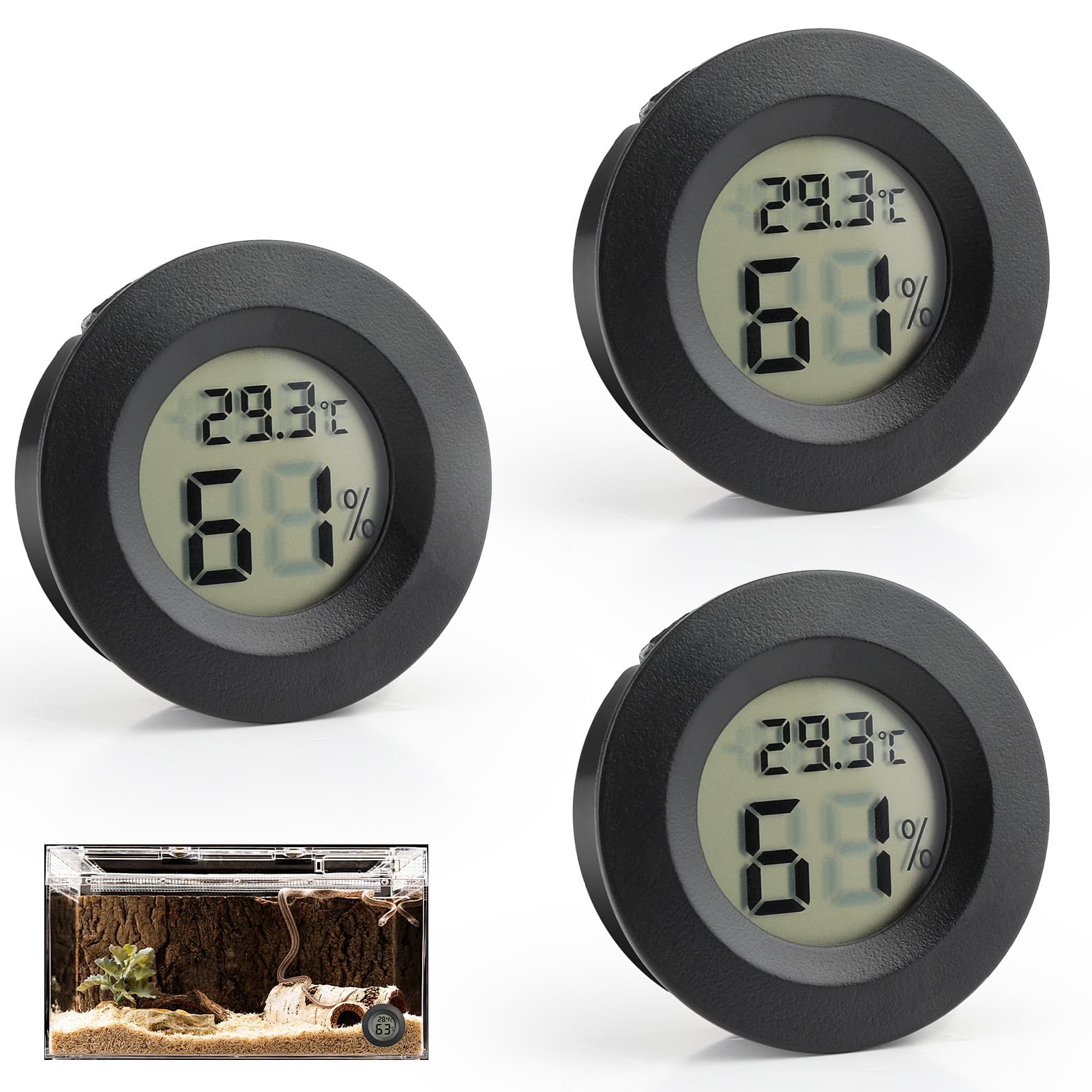 UIHRLM 3PCS Reptile Thermometer Hygrometer, Black Round Humidity Meter with LCD Digital Display for Temperature Gauge for Breeding Boxes, Incubators, Terrariums, Lizards, Tortoises, Spiders