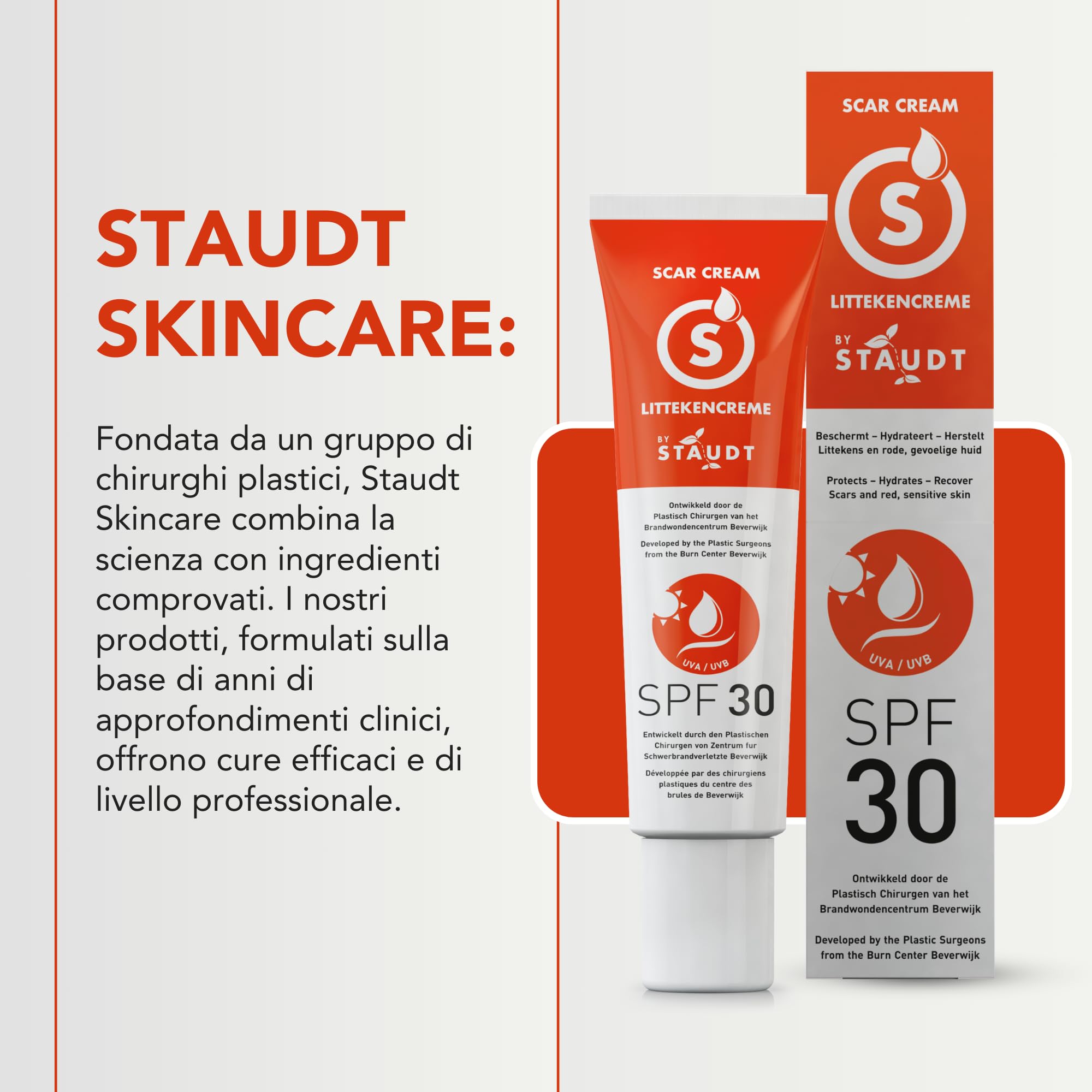 Crema per Cicatrici Staudt Premium con SPF30 - Gel di Silicone Avanzato per Cicatrici Chirurgiche e Vecchie - Formula Idratante con Miele e Jojoba - Ripara la Barriera Cutanea con Protezione UV - 40ml