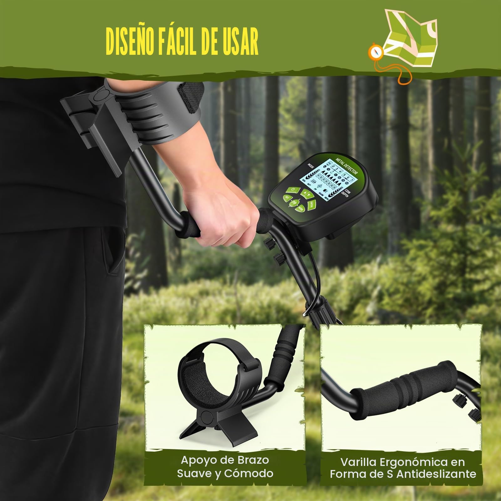 Detector de Metales Profesional para Adultos y Niños, Longitud Ajustable (113-141 cm), Set de Detector de Metales con Bobina de Búsqueda Resistente al Agua IP68 (Verde)