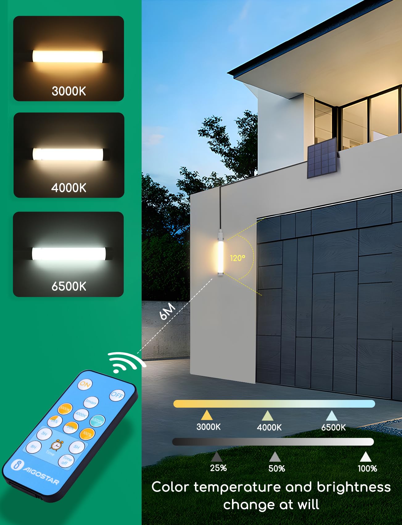 Aigostar Luce Solare Led Esterno con Telecomando 50W 500LM Lampade da Esterno solari IP65 Impermeabile Tubo Solare Esterno T8,temperatura colore regolabile 3000K/4000K/6500K, Lunghezza cavo 3M