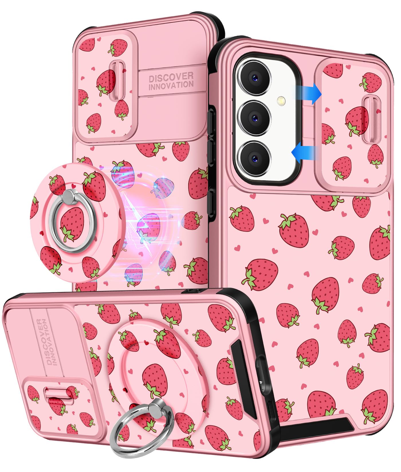 Buleens for Samsung Galaxy S23 FE Case 6.4 Inch - with Ring Stand & Camera Cover Cute Designed Women Girls Girly Pretty Strawberry for Samsung S23 FE Case Compatible with Magsafe