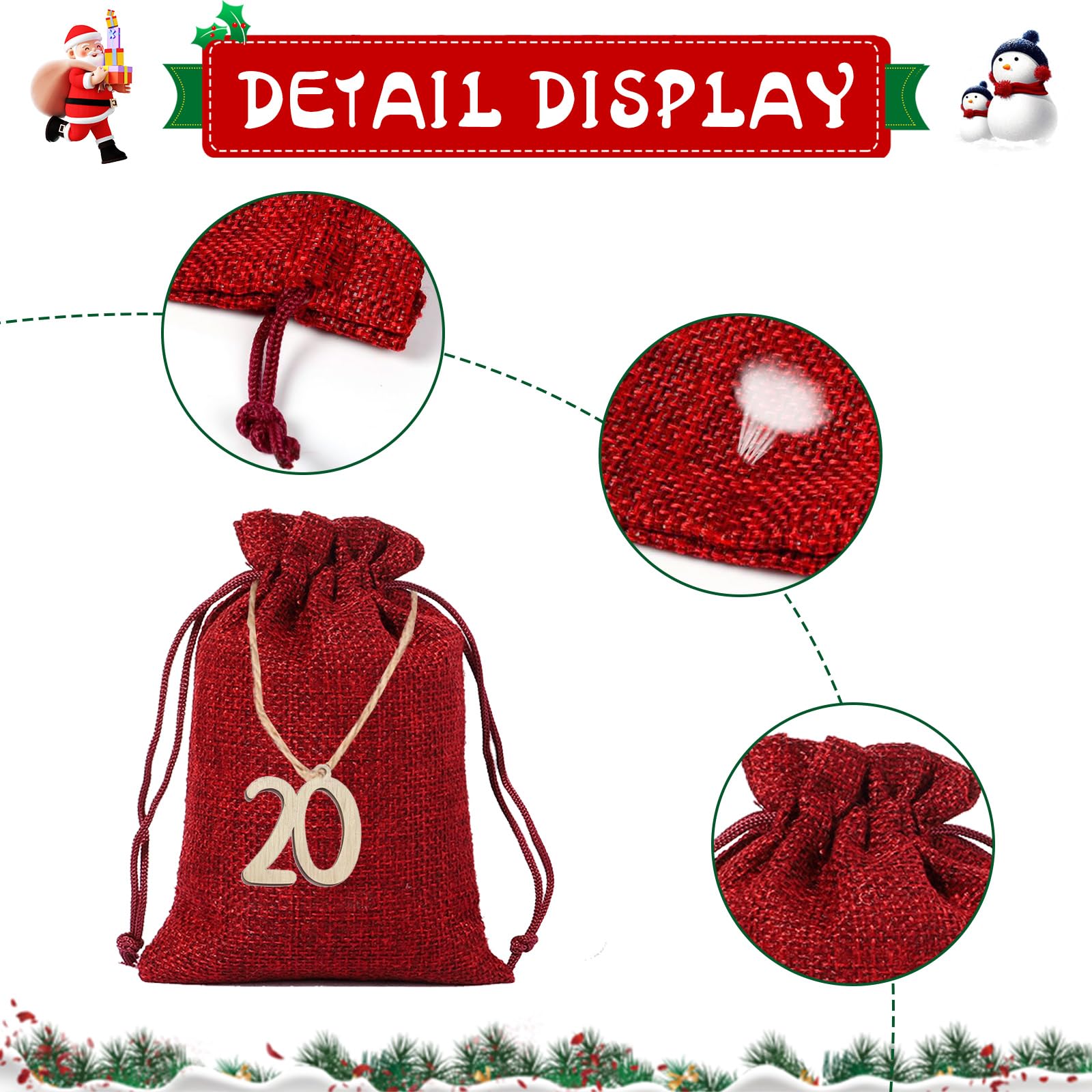 Calendrier de Noël à Remplir 24 Pièces Sacs pour Calendrier de l'Avent Vide DIY Cadeaux Pochon Tissu