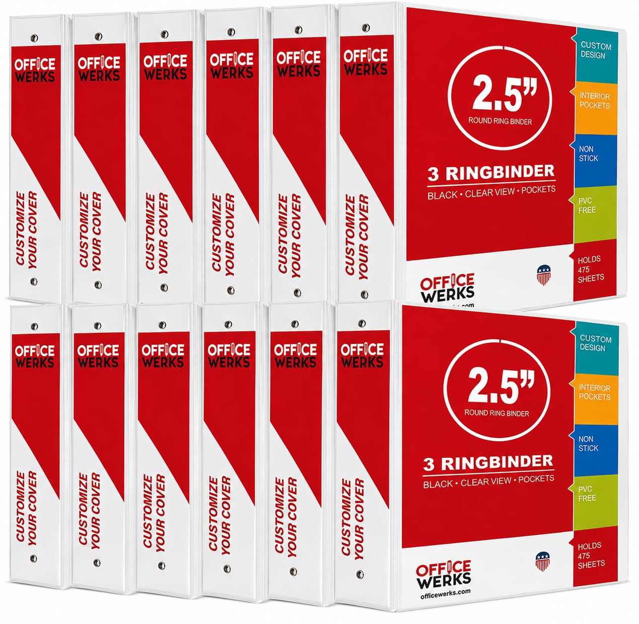 Lot de 12 classeurs à 3 anneaux, dossiers de fournitures de bureau, anneaux ronds de 6,3 cm, blanc, vue claire, poches, dos de 8,1 cm