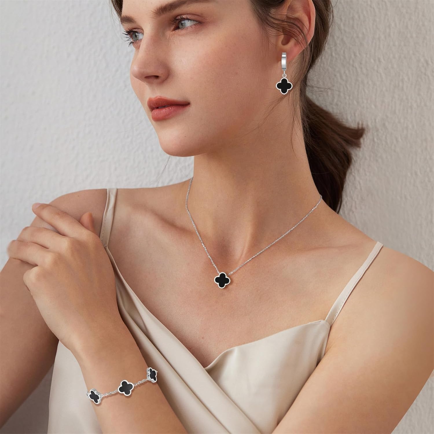 18K Gold Plated Lucky Clover Jewelry Set Black White and Red Four Leaf Clove Bracelet Necklace and Earrings Fashion Birthday Gifts for Women - Image 2