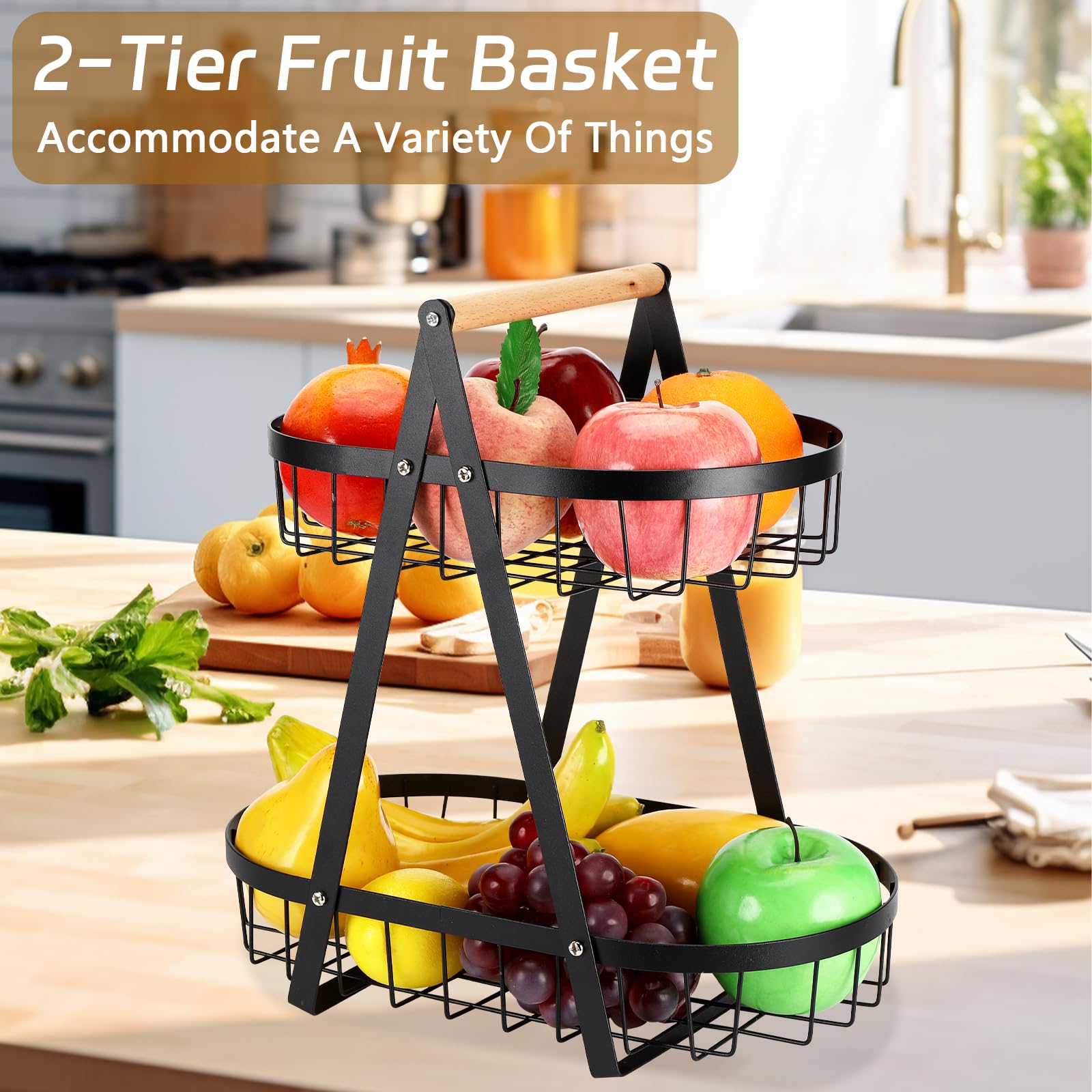Frutero Geométrico De Alambre Negro Con Base De Madera - Diseño Moderno Para Cocina Y Comedor - Optimal Products 30 Cm