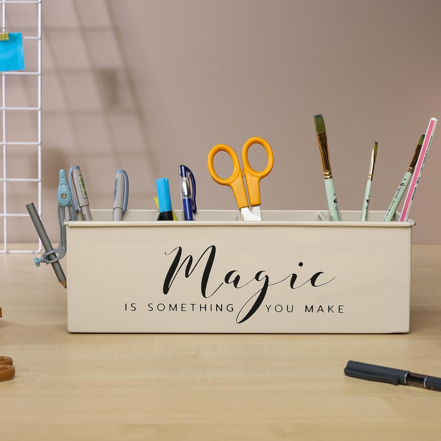 Desk organizer with 4 compartments for office table | stylish Metal Desk Organizer | Stationary Storage | Pencil Holder for Office, Home, and Study Table (Magic) Beige