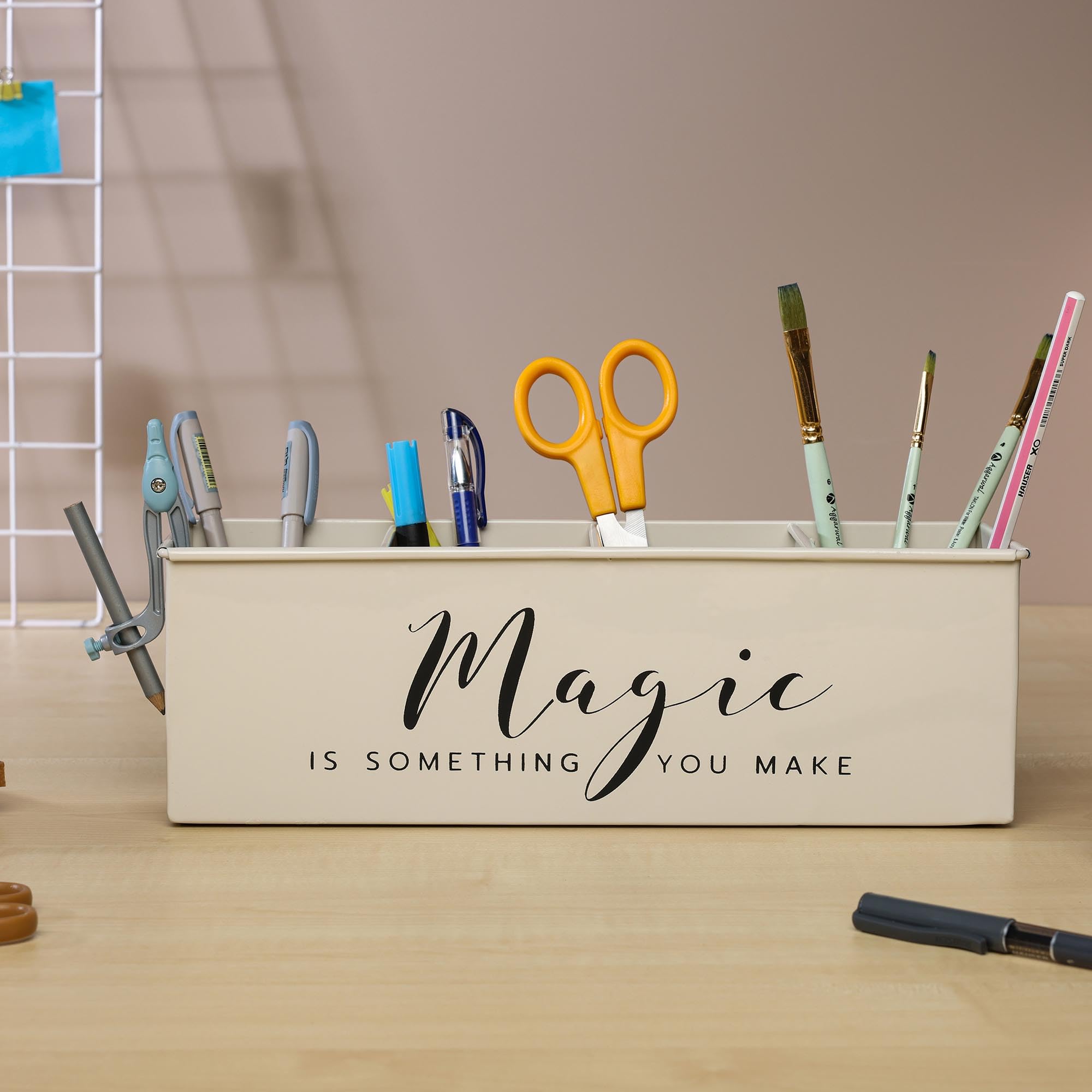 dudki Schreibtisch-Organizer mit 4 Fächern für Bürotisch | stilvoller Metall-Schreibtisch-Organizer | Schreibwarenaufbewahrung | Stifthalter für Büro, Zuhause und Arbeitszimmer (magisch) Beige