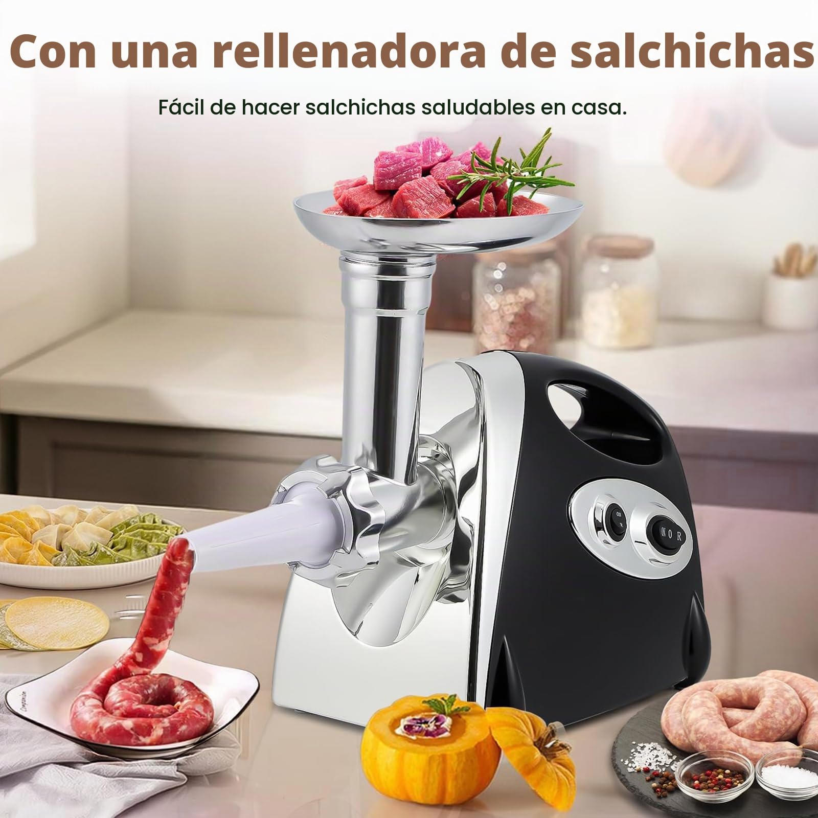 Picadora de carne eléctrica y colador de tomate, embutidora de salchichas 3 en 1 con 3 platos de molienda y kit Kubbe, máquina profesional para hacer salsa de tomate y picadora de carne para cocina
