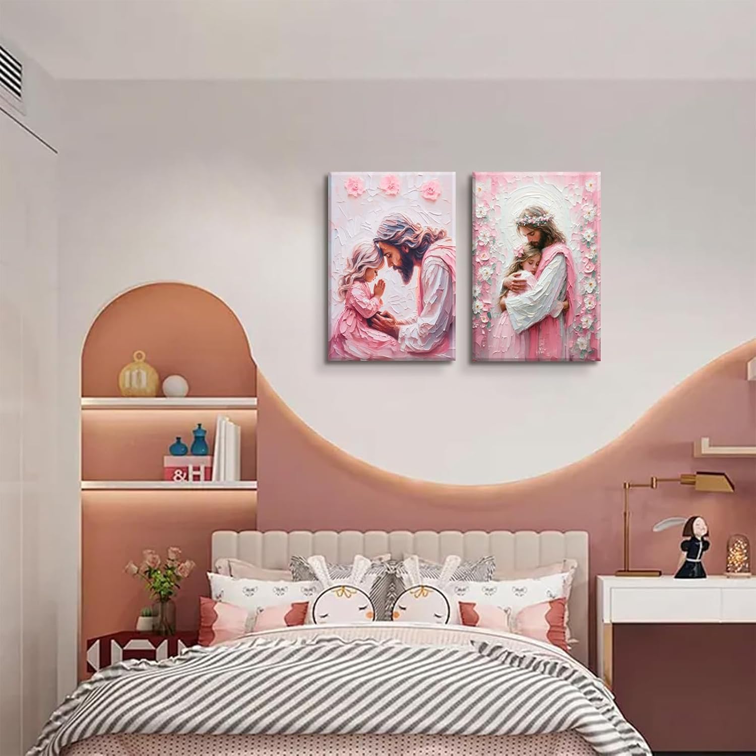 YYSEYKFJ 2Pcs Christian Canvas Wall Art Pink Jesus and Girl Wall Decor Jesus Hug Girl Praying Artwork Posters Modern Christian Spiritual Healing Painting Pictures for Girls Room (12x16in Canvas)