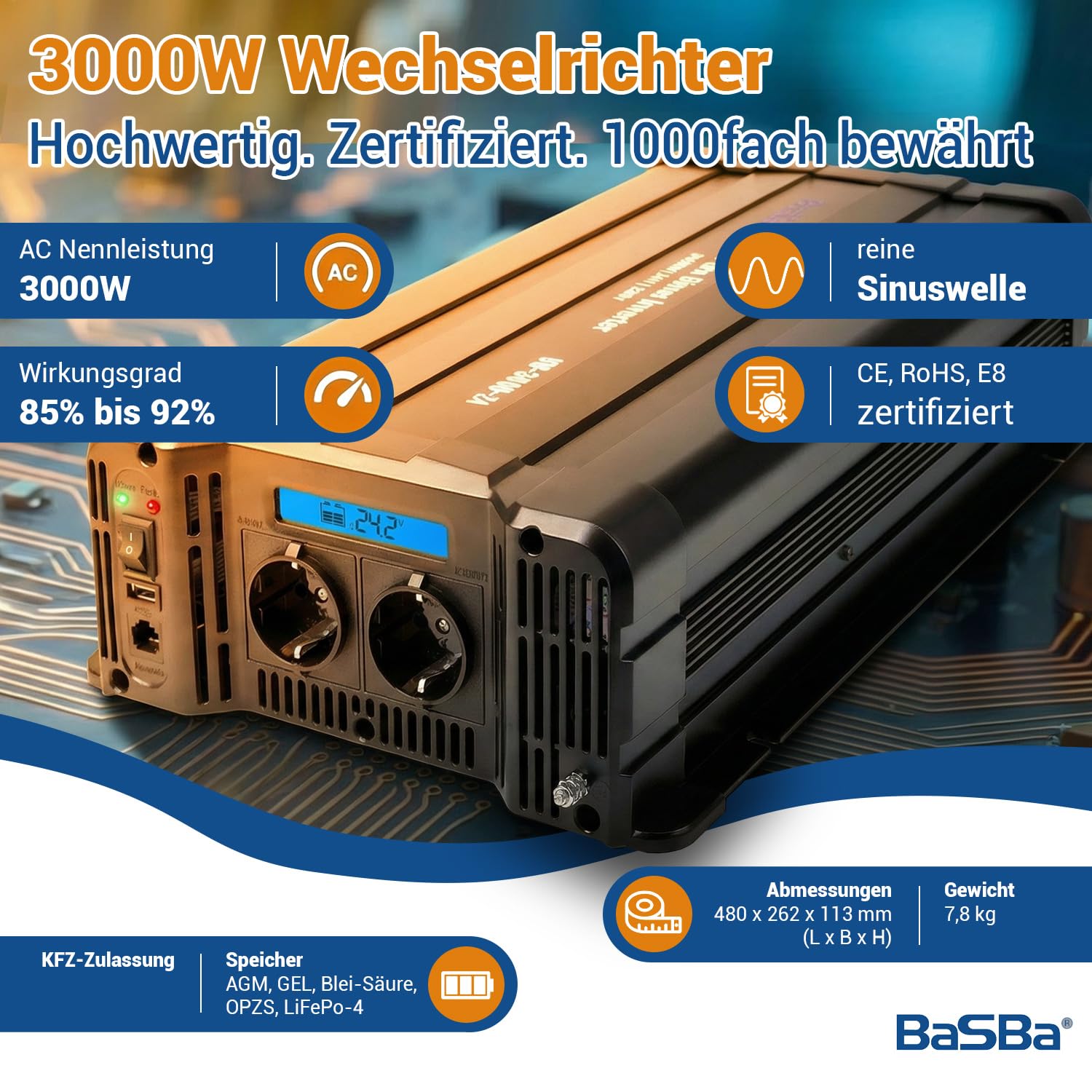 Insel Solaranlage 3000W Komplettset 24V/230V mit 2x250Ah Gelbatterie, 2x450W PV Module, Wechselrichter 3000W, netzunabhängig für Tinyhaus, Wohnmobil, Garten, Hausboot | BaSBa BA24-3000-Gel