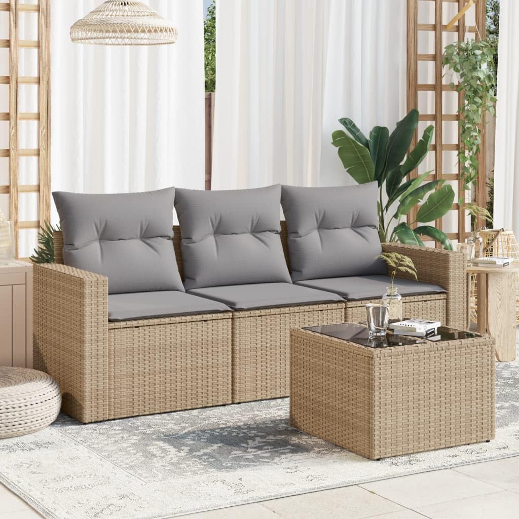 Canapé de jardin 4 pièces en polyrotin beige avec table et coussins pour extérieur