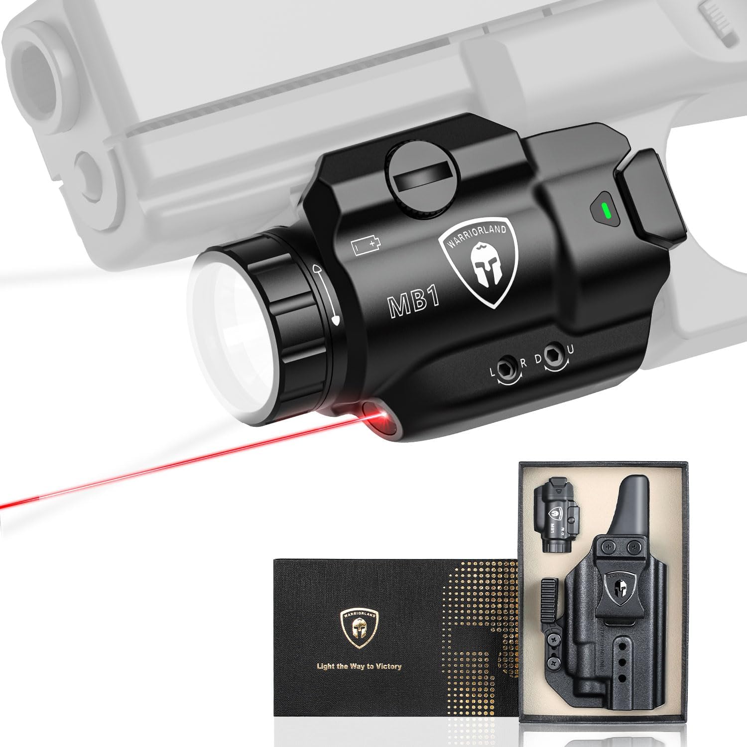 MB1 Pistol Light and Custom Versatile Holster, Fit for Glock 17/19 Gen 3-6 & Glock 22/23/31/32 Gen 3-4 & Glock 19X/44/45, Compact Universal Tactical Weapon Light with Red Laser & White LED