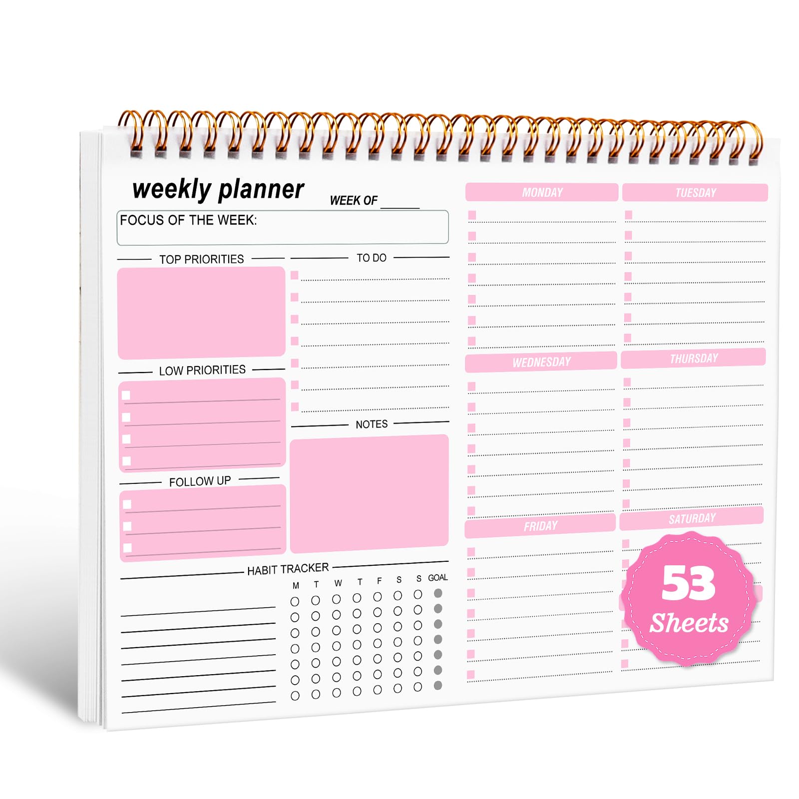 Weekly Planner Pad, 53 Page Tear Off To Do List Pad, B5 Weekly Planning Notepad Undated Weekly to View Planner Task Notes Scheduler for Work School Home Personal Organized (Pink)