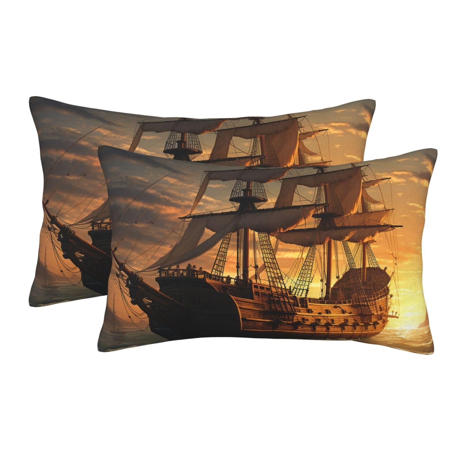 2 Pack Standard Size Pillow Cases for Hair and Skin Soft Breathable Pillow Case Covers with Hidden Zipper Fantasy Pirate Ship Pillowcase 16"x24" Pillow Cover for Sleeping Gift