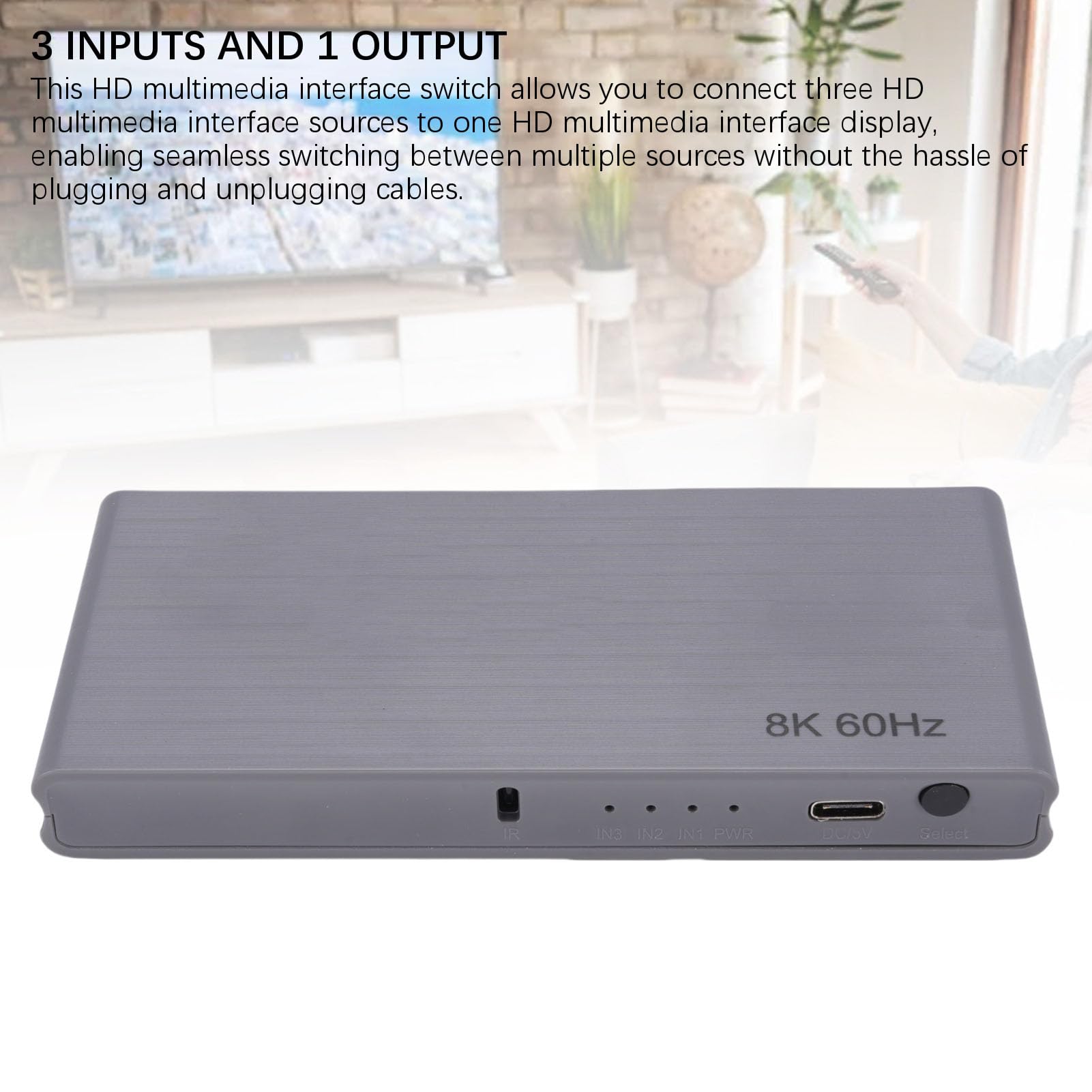 3x1 8K HDMI switcher 3 in 1 Out, 8K 60Hz 4K 144Hz HDMI 2.1 Switcher mit Fernbedienung, 40 Gbit/S UHD, HDR10+, Auto Switching für Stick für Blu-ray Spieler (EU-Stecker)