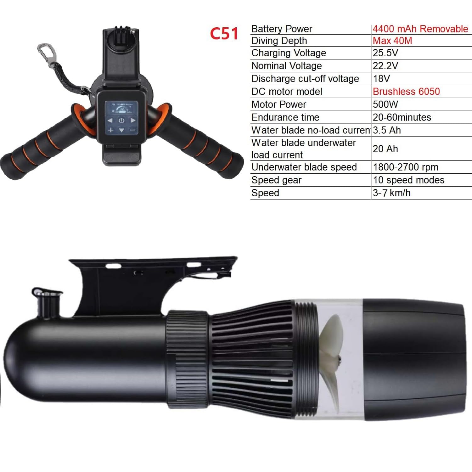 Unterwasser -Roller, 130 Minuten bürstenloser Unterwasserpropeller -Kit, 10 km/h elektrischer Unterwasser -See -Roller, Roller Taucher (Größe: 4000 MAH + Griff)