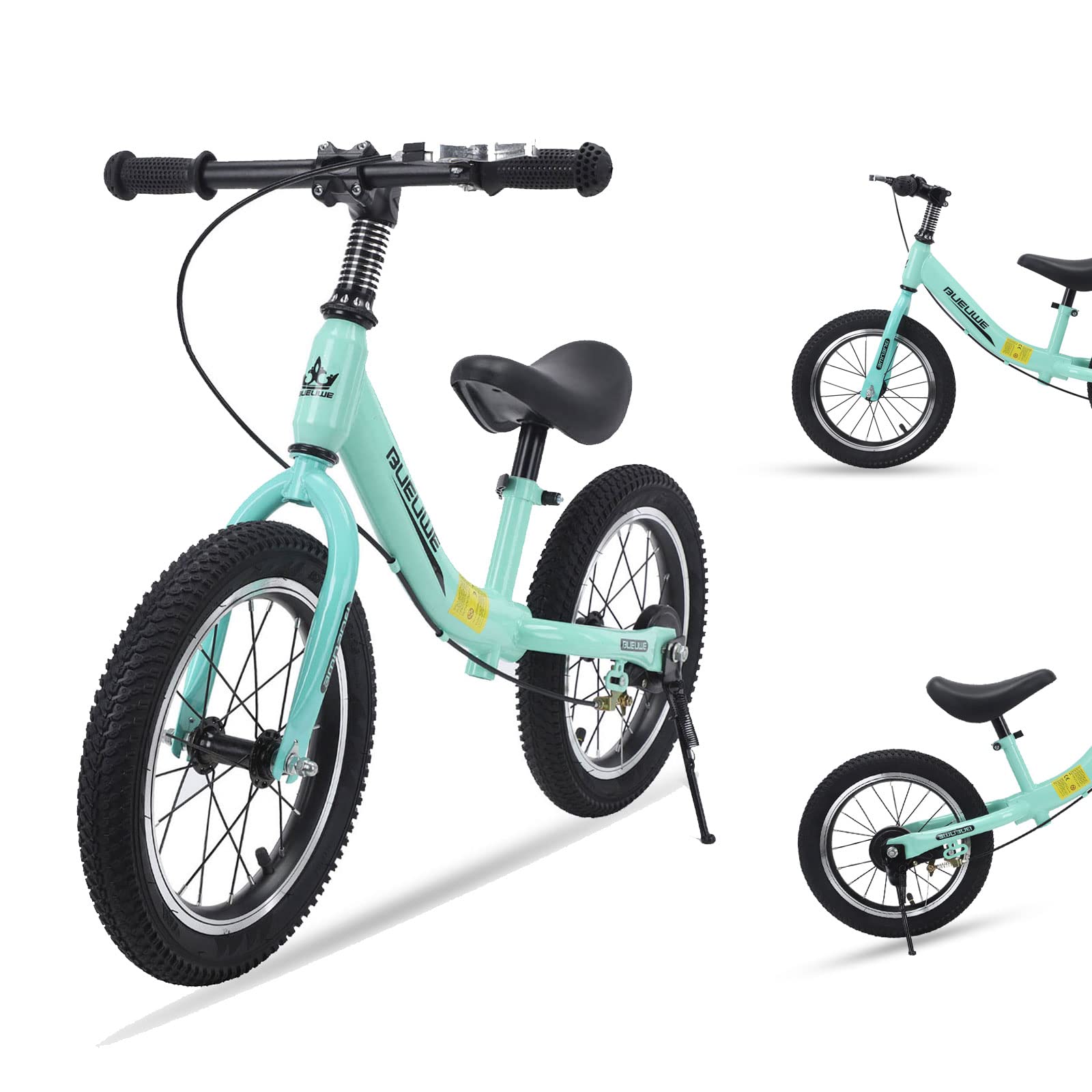 Bueuwe 14/16 Inch Balance Bike for 3 4 5 6 7 and 8 Years Old Boys Girls,No Pedal Training Bicycle with Brake and Kickstand,Adjustable Seat Height,Air Tires,Gift for Outdoor Sports (Green, 14 in) — image 1