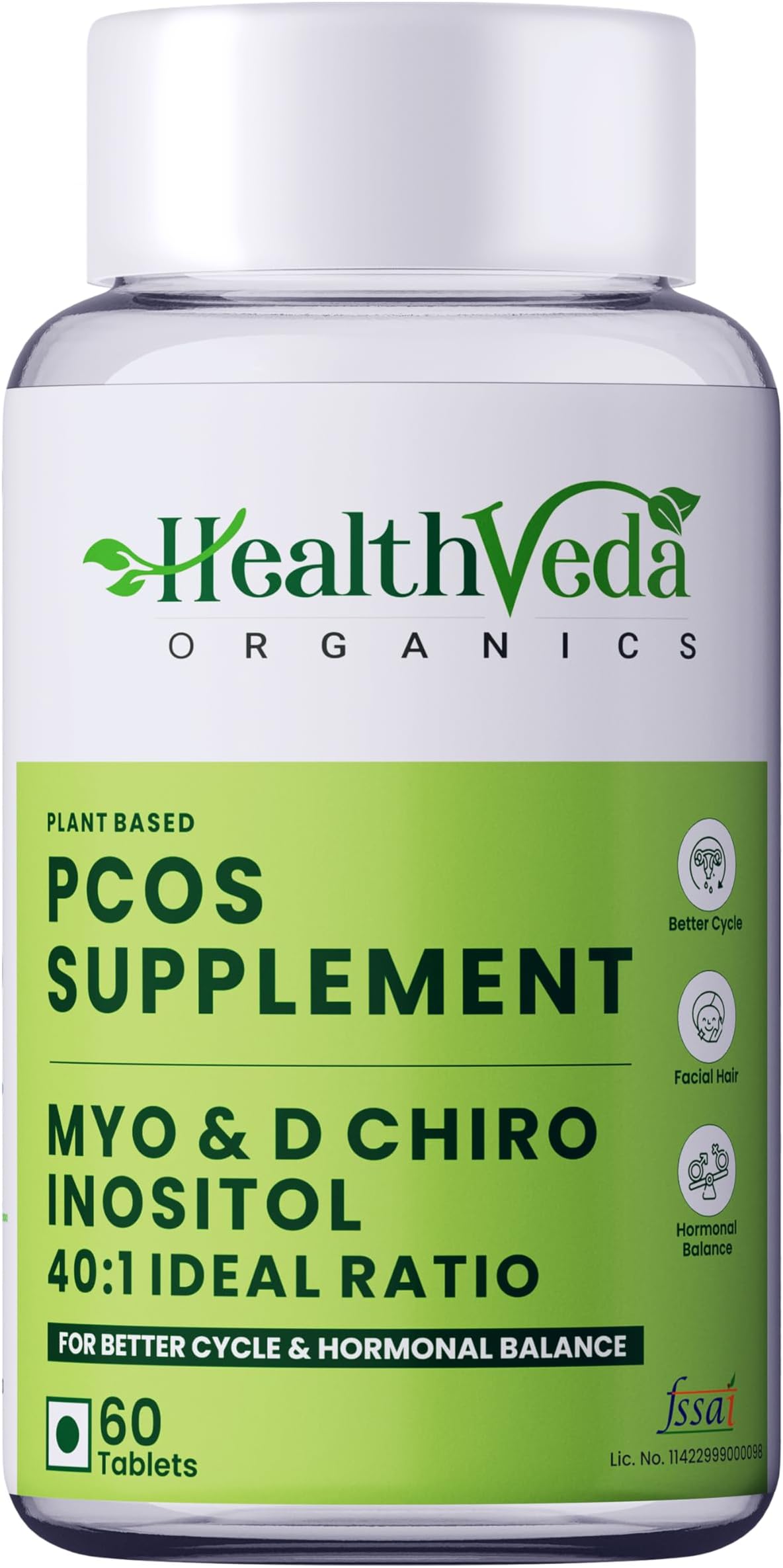 Health Veda Organics PCOS Support Supplement for Women | Myo-Inositol + D-Chiro Inositol 40:1 | 60 Plant-Based Veg Tablets | Support Regular Menstruation