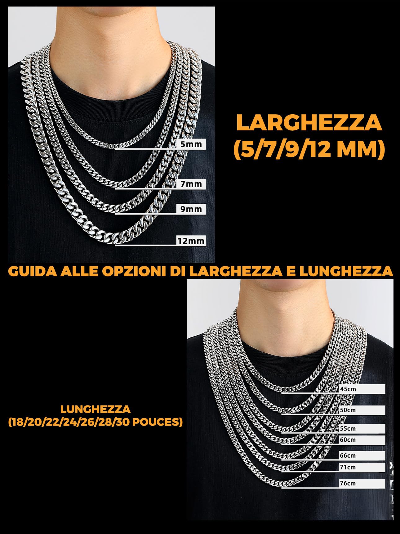 Bestyle Collana Uomo Donna a Catena Cubana Miami in Acciaio Inossidabile 5/7/8/12MM, Grossa Robusta Colore Argento/Oro/Nero, Lunghezza 46–76CM Stile Hip Hop Punk