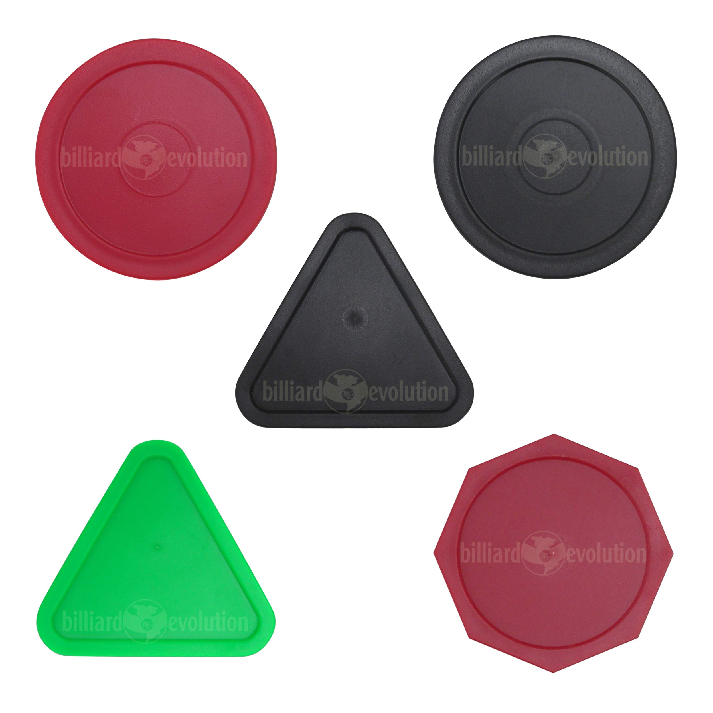 5 Air Hockey Pucks: 2 Round: Red & Black, 1 Red Octagon, 2 Triangles: Black & Green