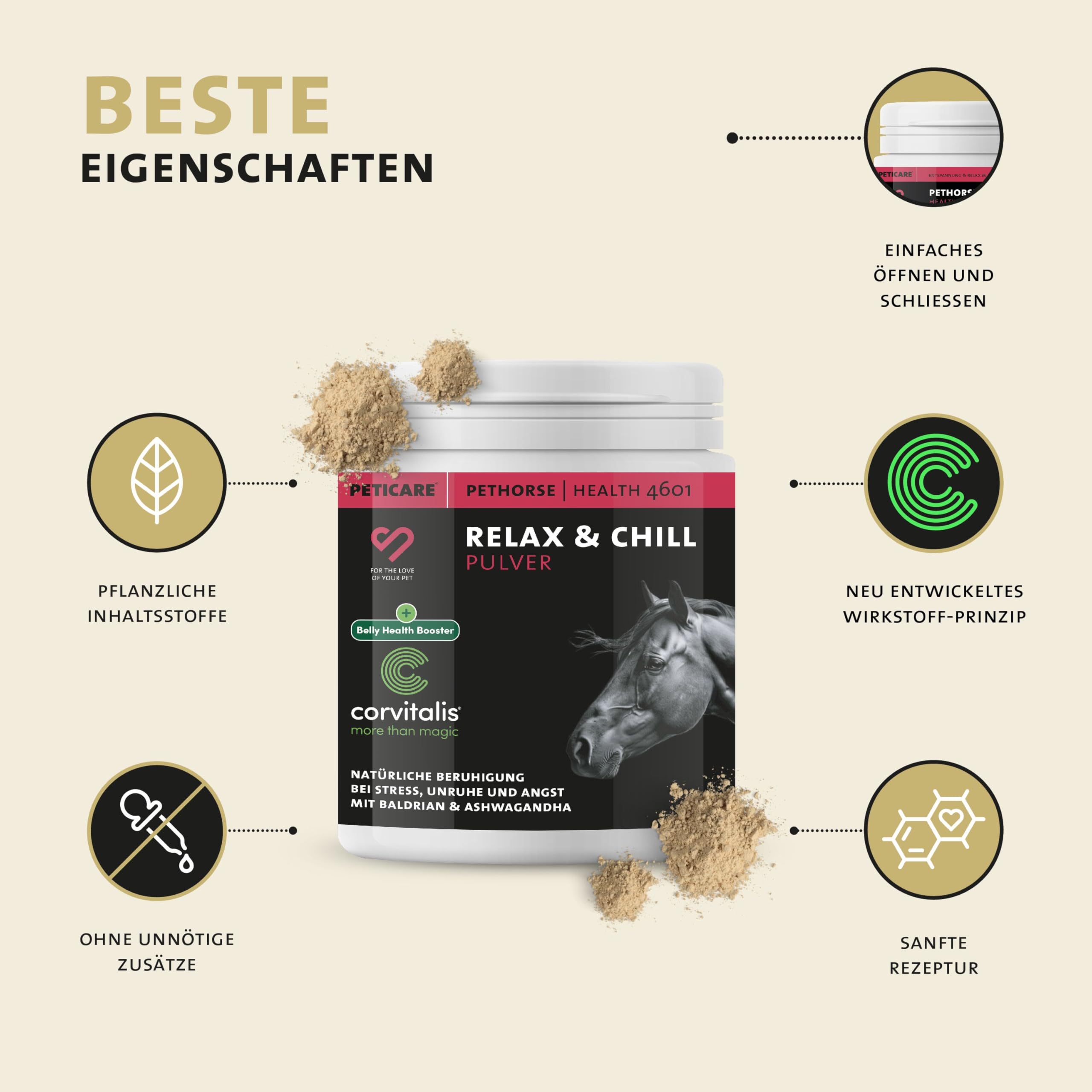 Peticare Relax-Mix Pulver für Pferde | Beruhigendes Ergänzungsfutter-Mittel | Natürliche Inhaltsstoffe, mit Baldrian & Ashwagandha | Stressabbau & Entspannung | petHorse Health 4601