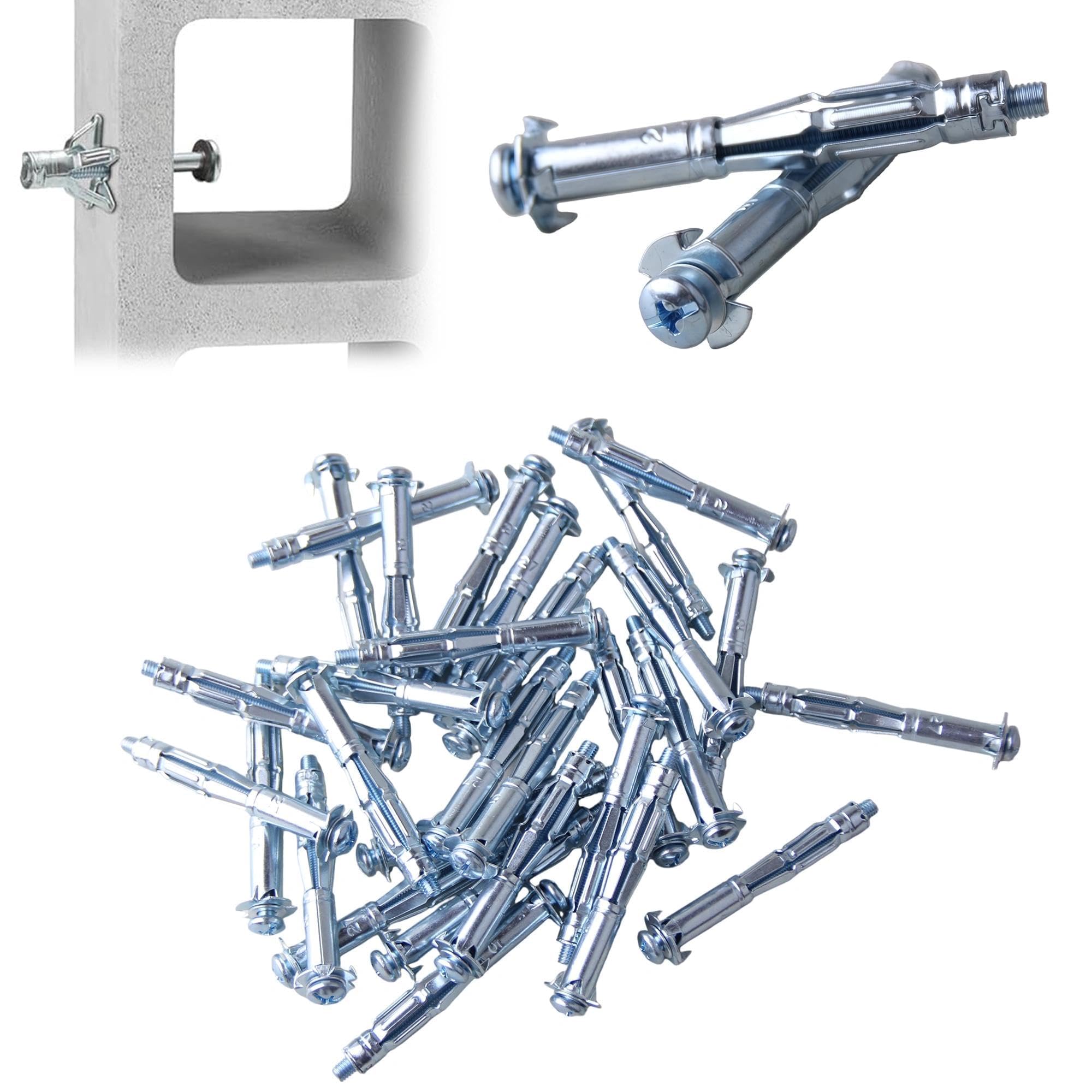 30pcs Molly Bolts Hollow Wall Anchors Heavy Duty Zinc Plated Steel, Metal Drywall Anchors for Plaster, Tile and Cavity Walls, Expansion Anchor Kit for Hanging Curtain Rods and Frames(M5-65)