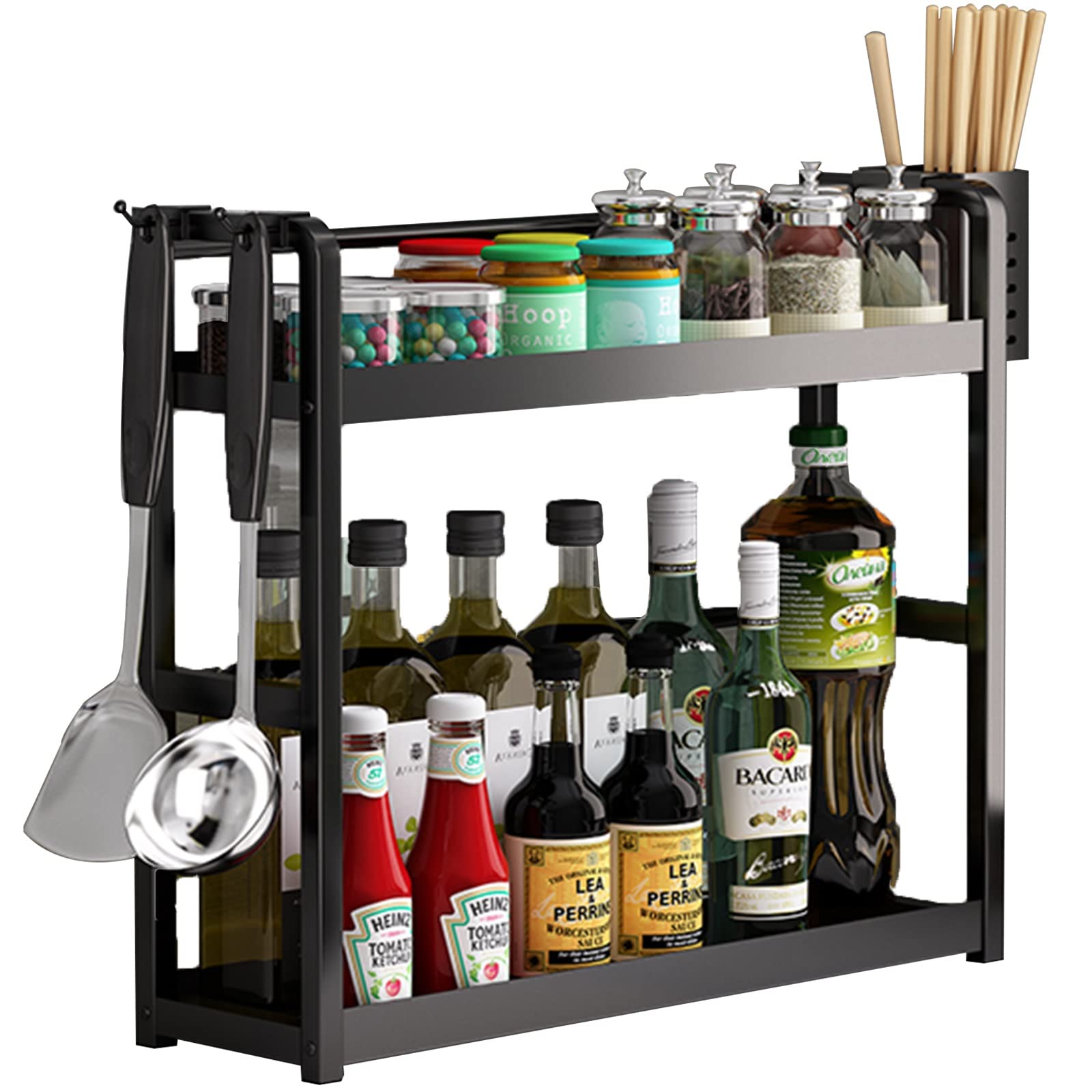 GLETSF Kitchen Storage Rack, Kitchenware Organizer Spice Rack Multi-layer Countertop Stainless Steel Jar Of Accessories,Black-50X14X61CM
