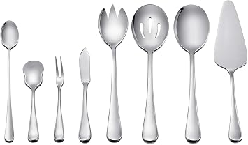 LIANYU Serving Utensils Set 8 Piece, Stainless Steel Serving Flatware Silverware Set with Slotted Spoons, Forks for Party Dinner, Mirror Finished, Dishwasher Safe